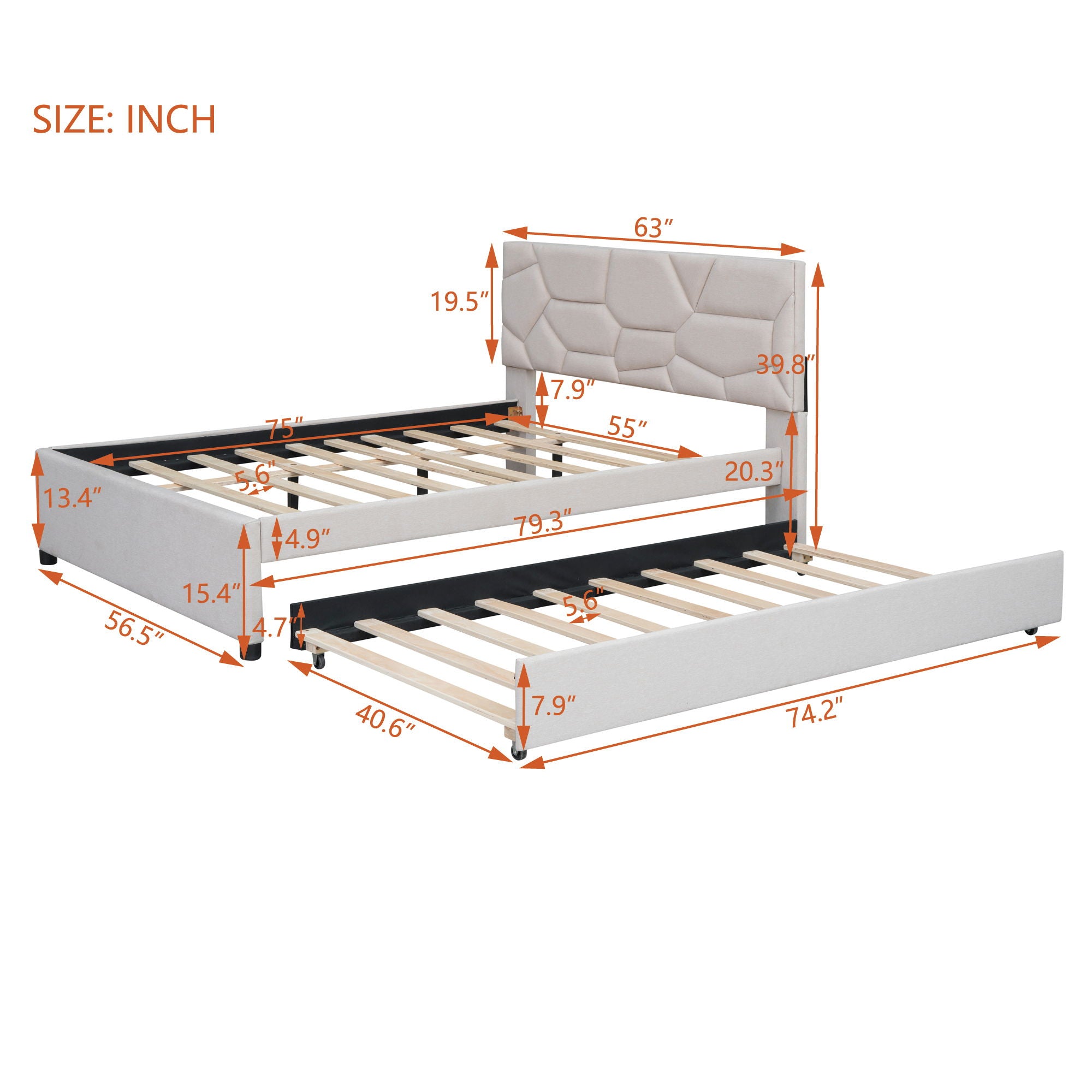 Upholstered Platform Bed With Brick Pattern Headboard And Twin Long Size Trundle