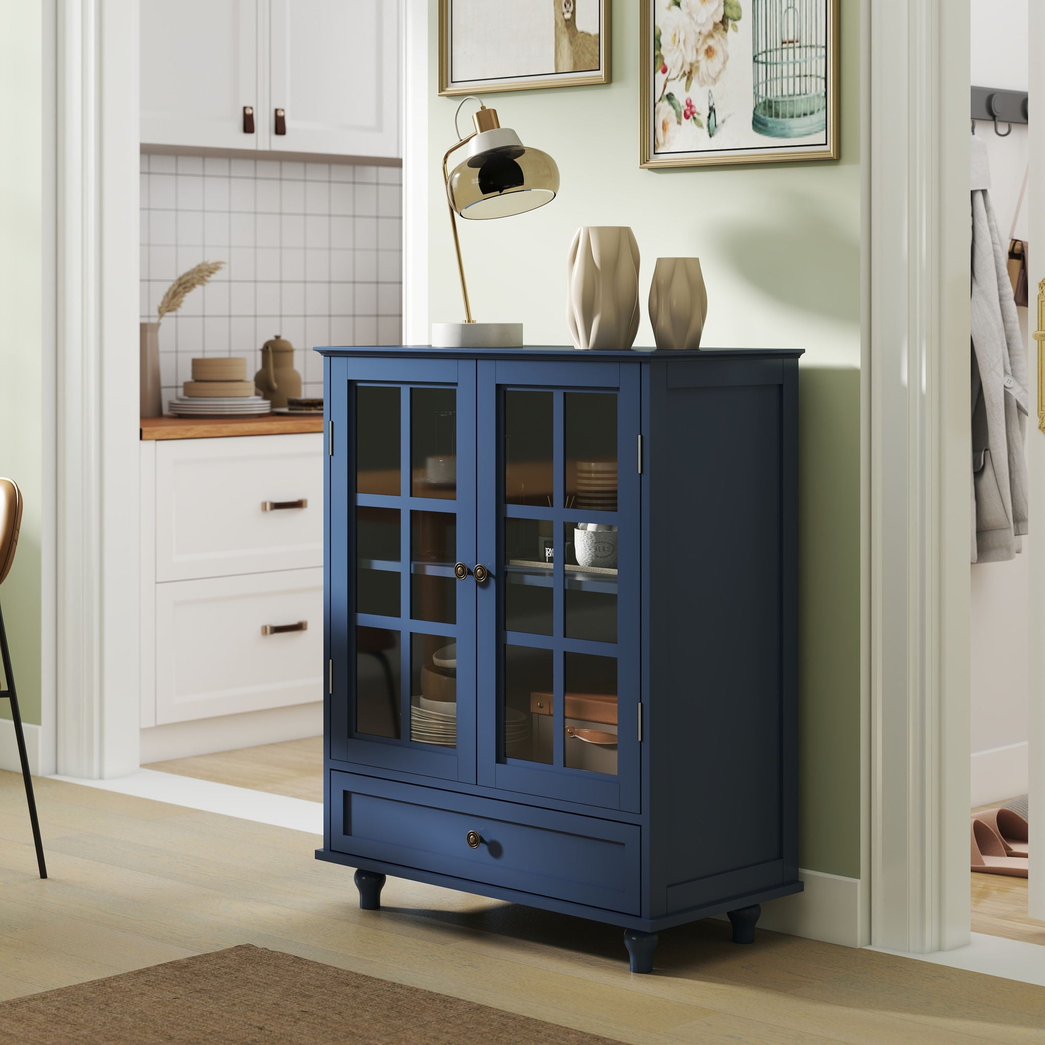 Minimalist Buffet Cabinet With Double Glass Doors And Drawer