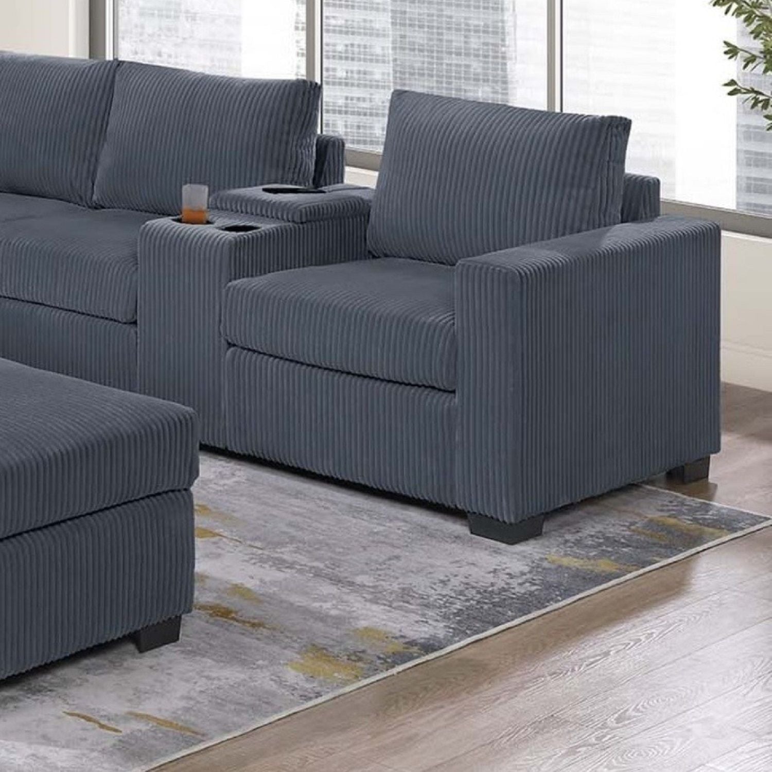 Contemporary L-Shaped Sectional Set With USB Console & Ottoman