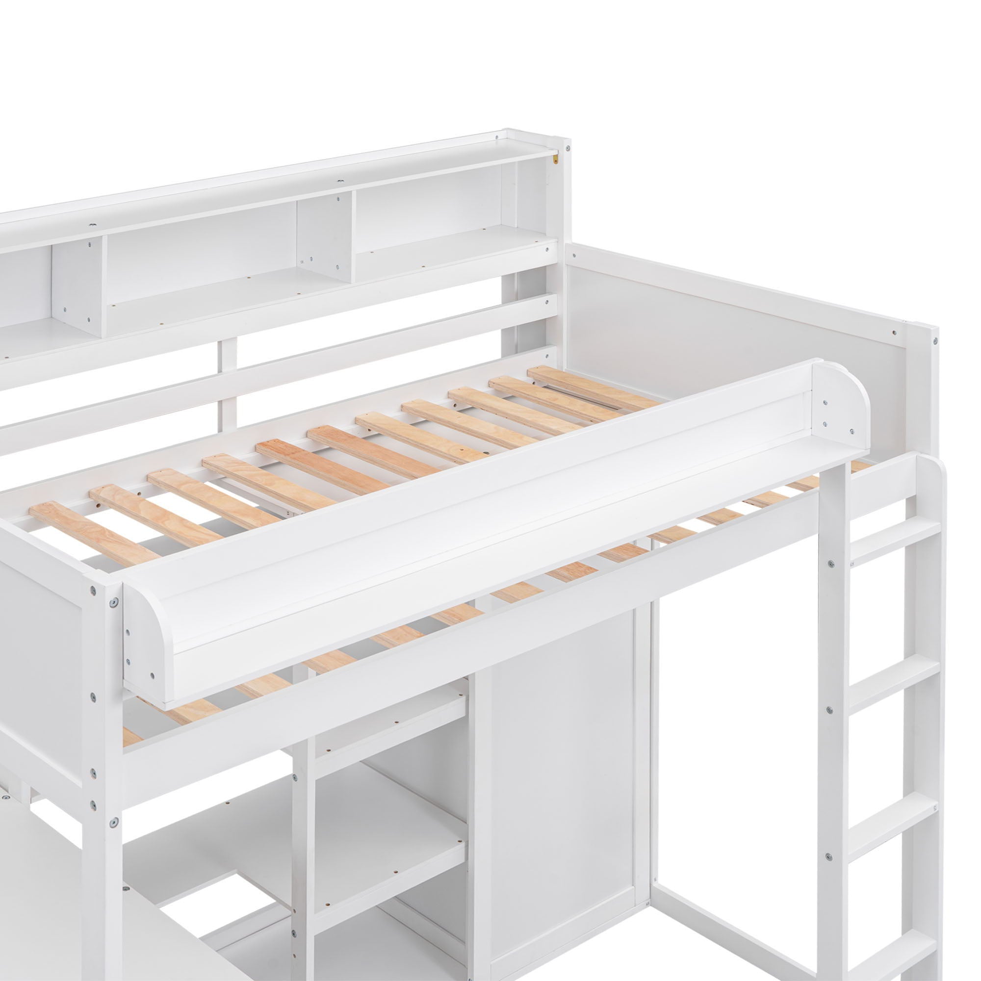 Loft Bed With Built In Desk, Storage Shelves, And Wardrobe