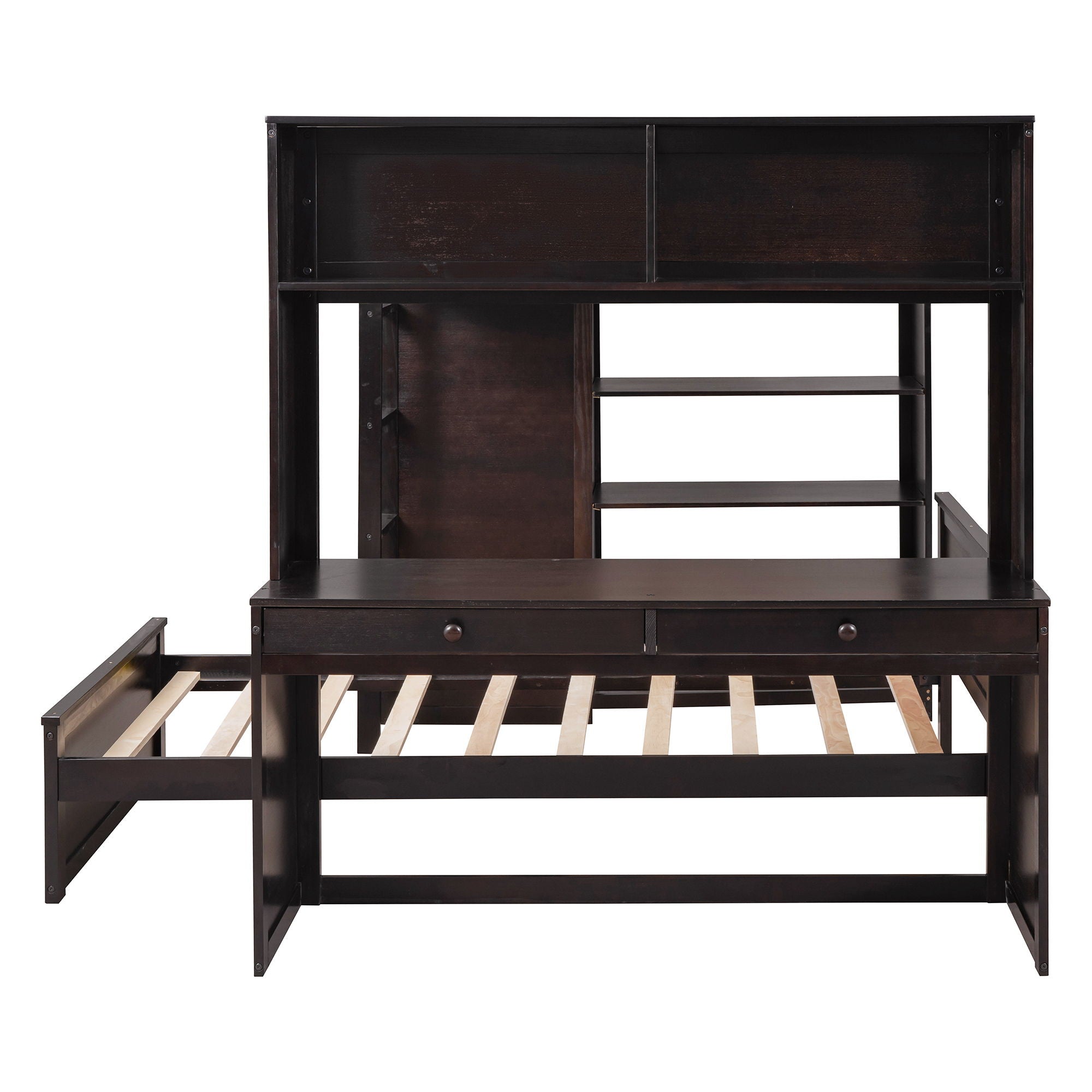 Loft Bed With A Twin Size Standalone Bed, Shelves, Desk, And Wardrobe