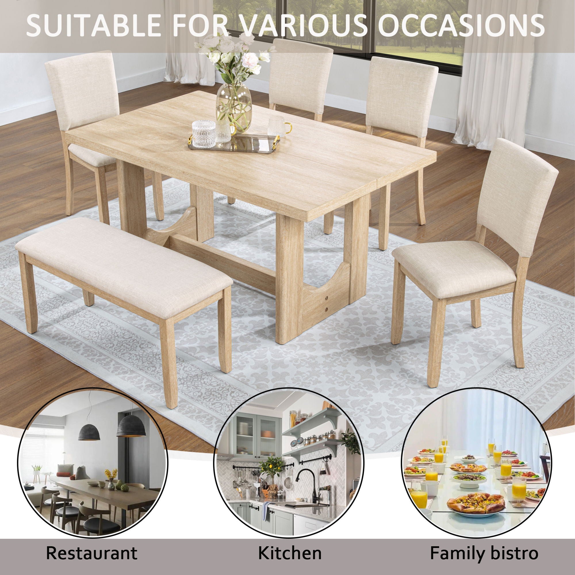 6 Piece Rectangular Kitchen Table Set With Bench And 4 Upholstered Chairs For Kitchen - Light Oak