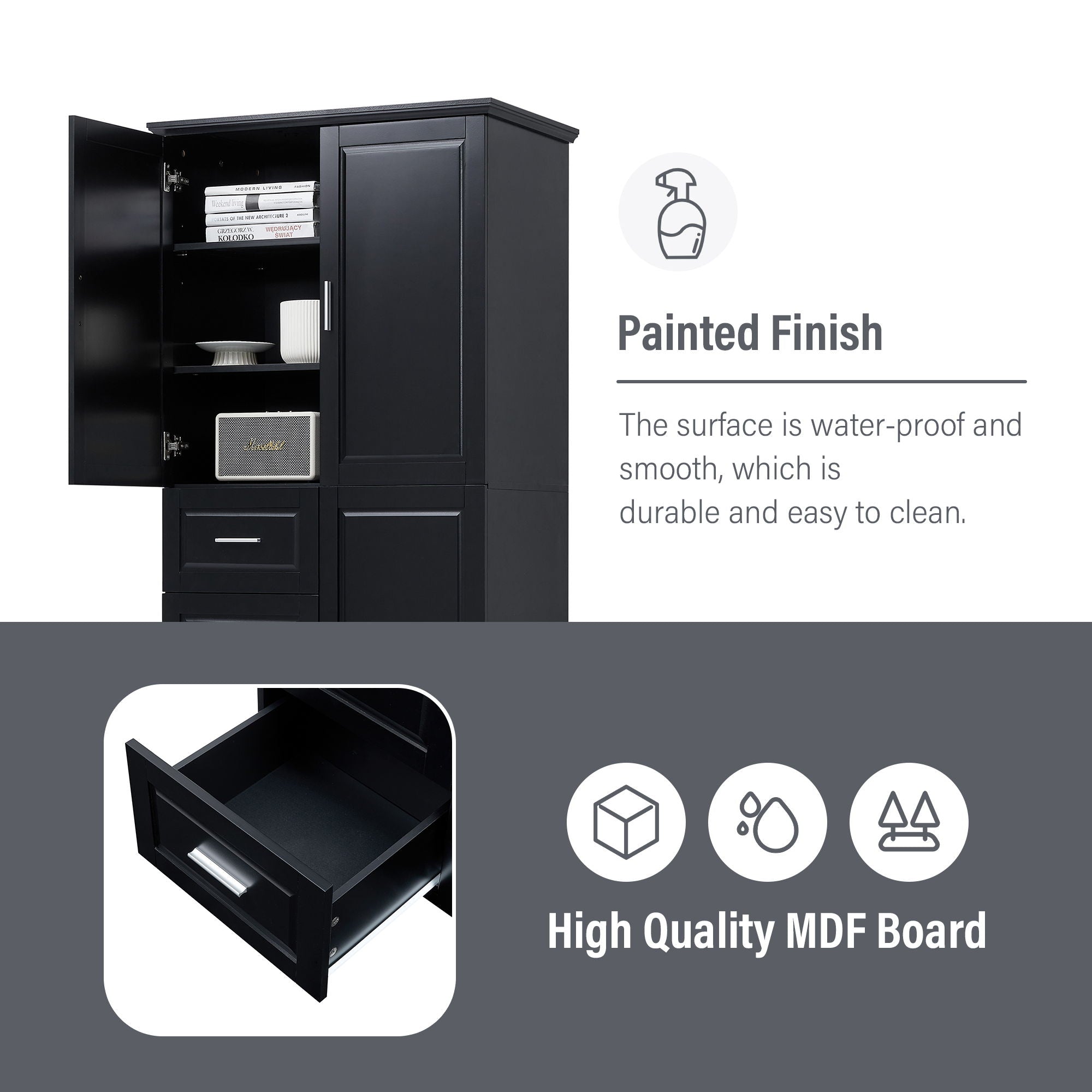 Tall Wide Storage Cabinet With Doors, 3 Drawers