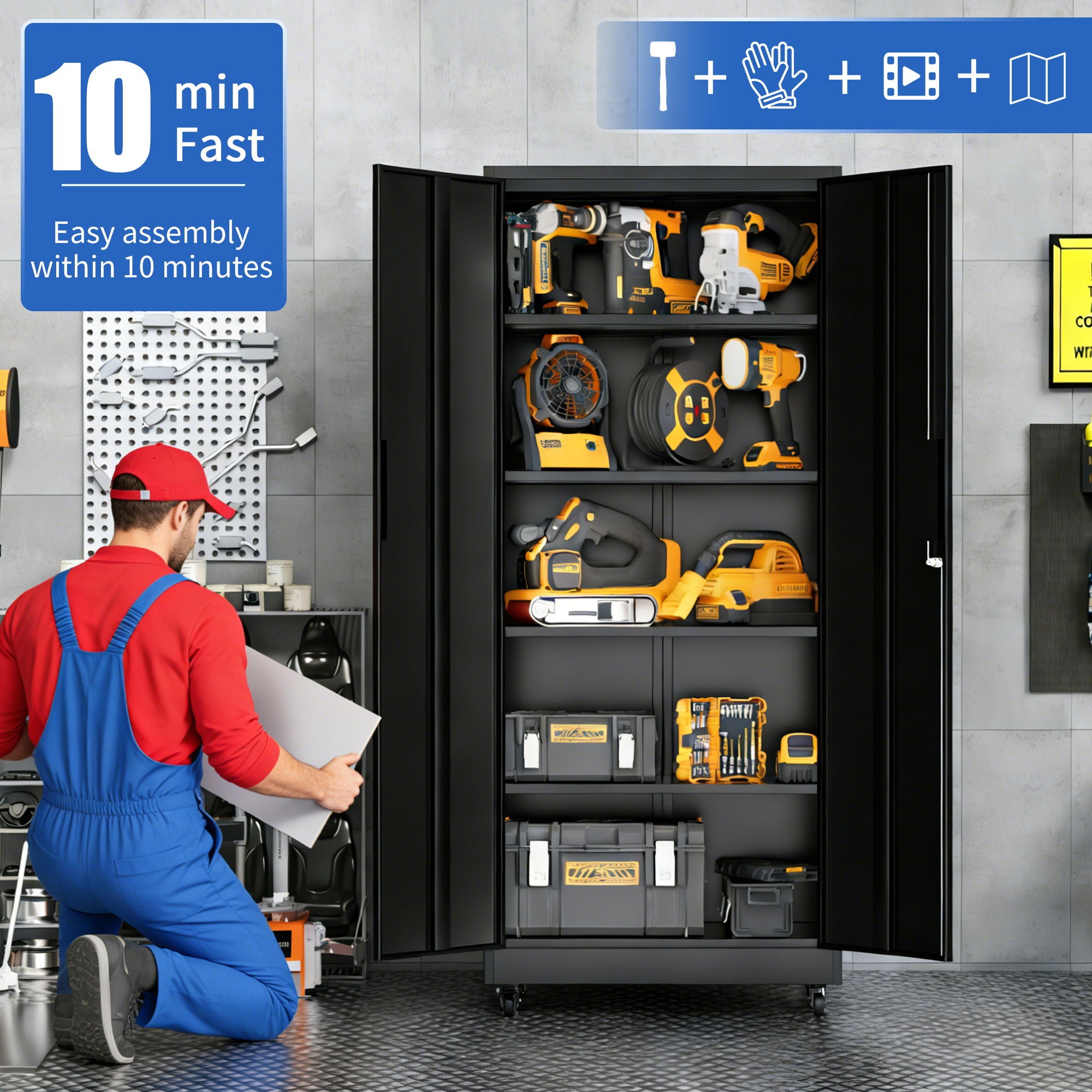 Heavy Duty Rolling Cabinet With Lock, Garage Storage Cabinet, 4 Adjustable Shelves For Tool Organization
