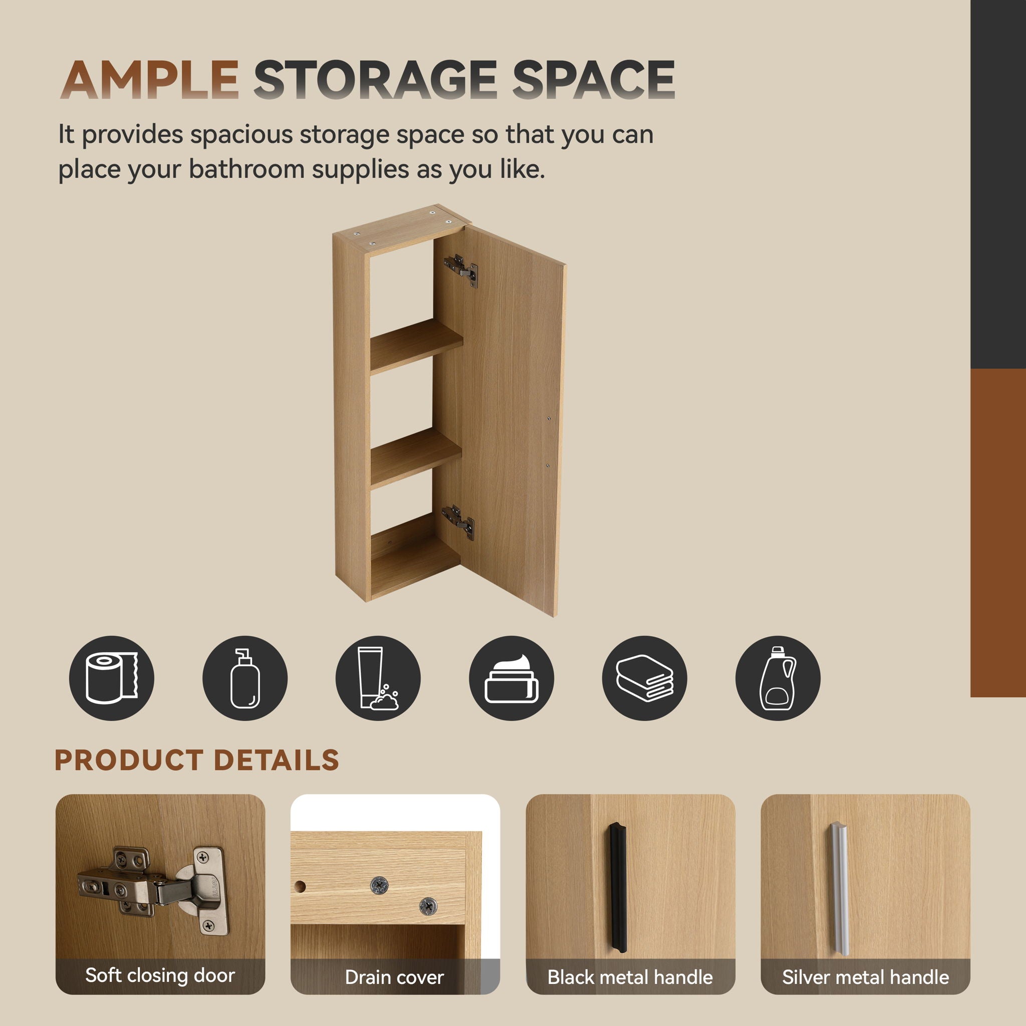 Tall Floating Bathroom Side Cabinet, Wall Mounted Single Door Storage - Light Oak