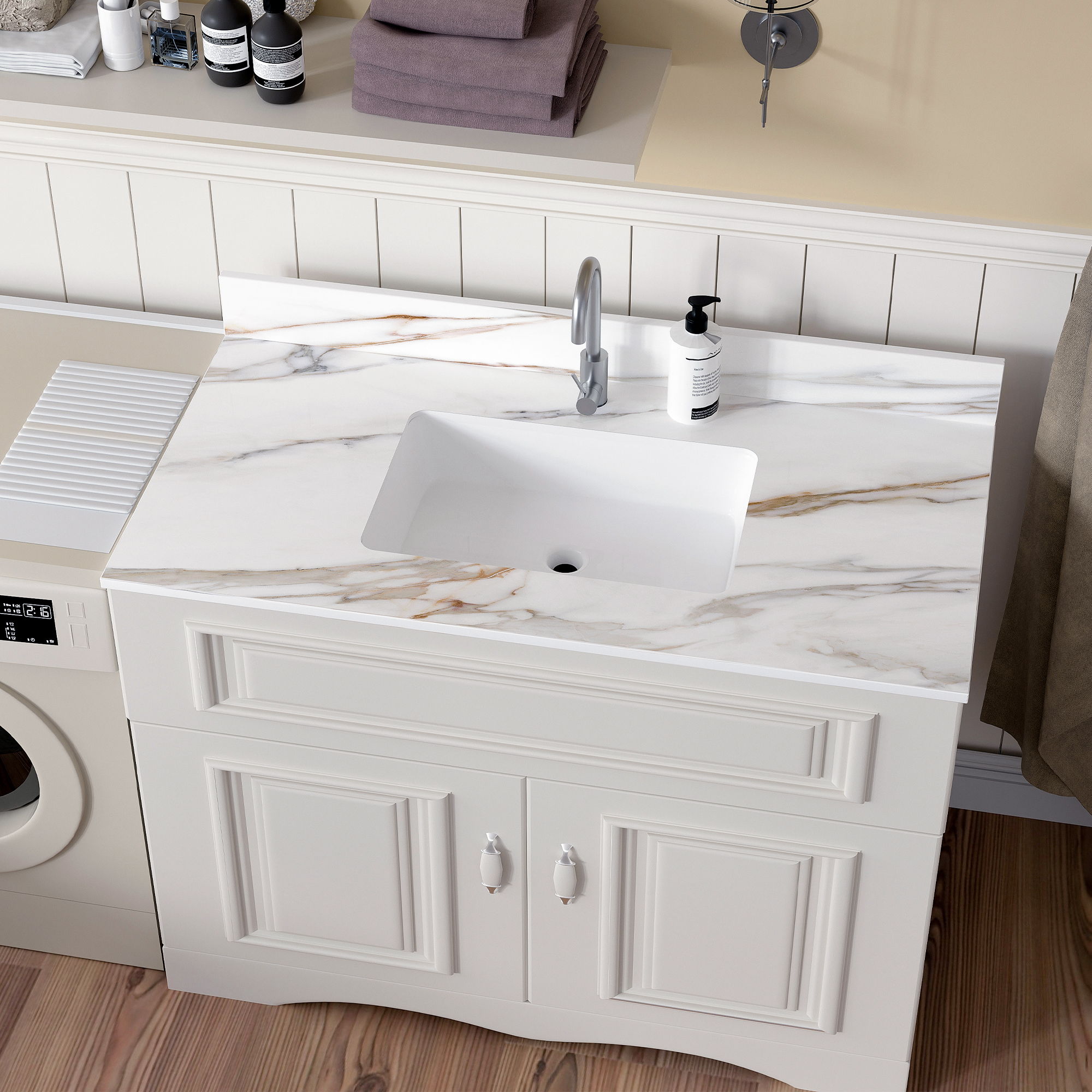 Elegant Vanity Top With Undermount Sink And Backsplash, Sintered Stone