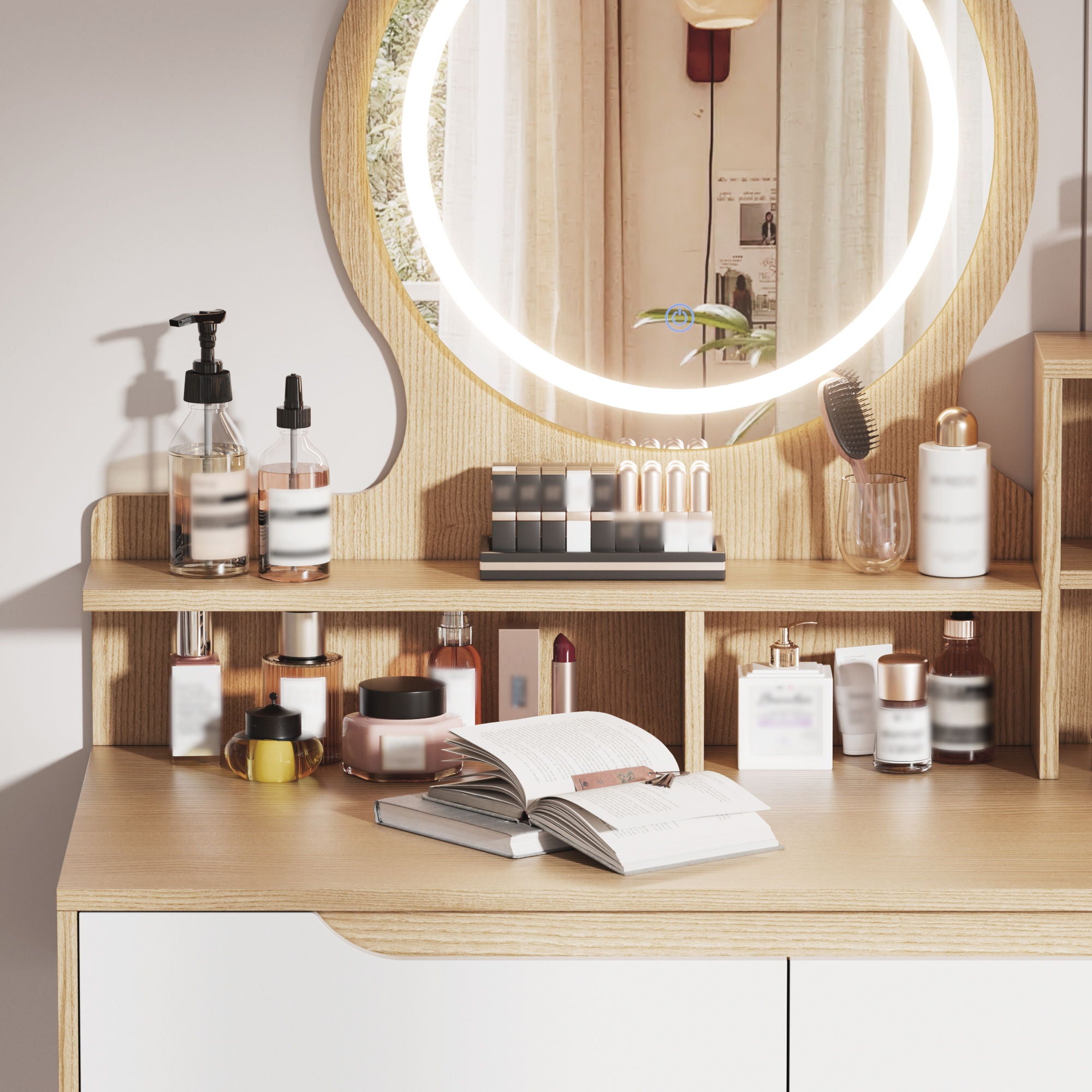 Elegant Makeup Vanity Desk With Adjustable Lighted Mirror Table Feet - American White Oak