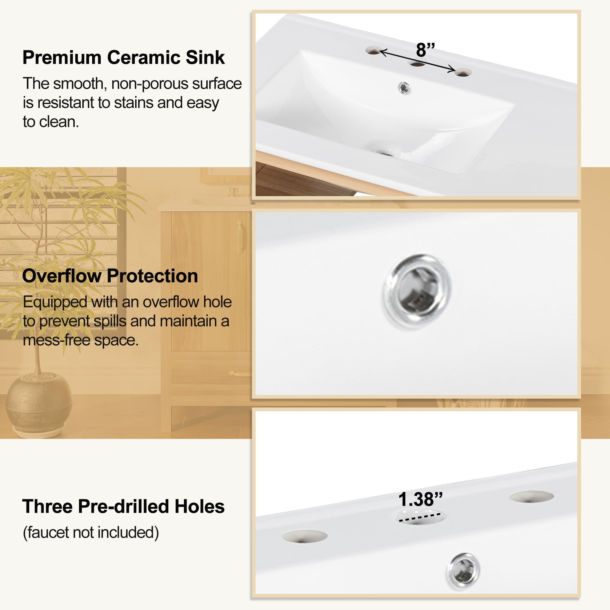 36" Bathroom Vanity, 2 Soft Close Doors, 4 Soft Close Drawers, Adjustable Shelf, Storage Cabinet - Acacia Wood