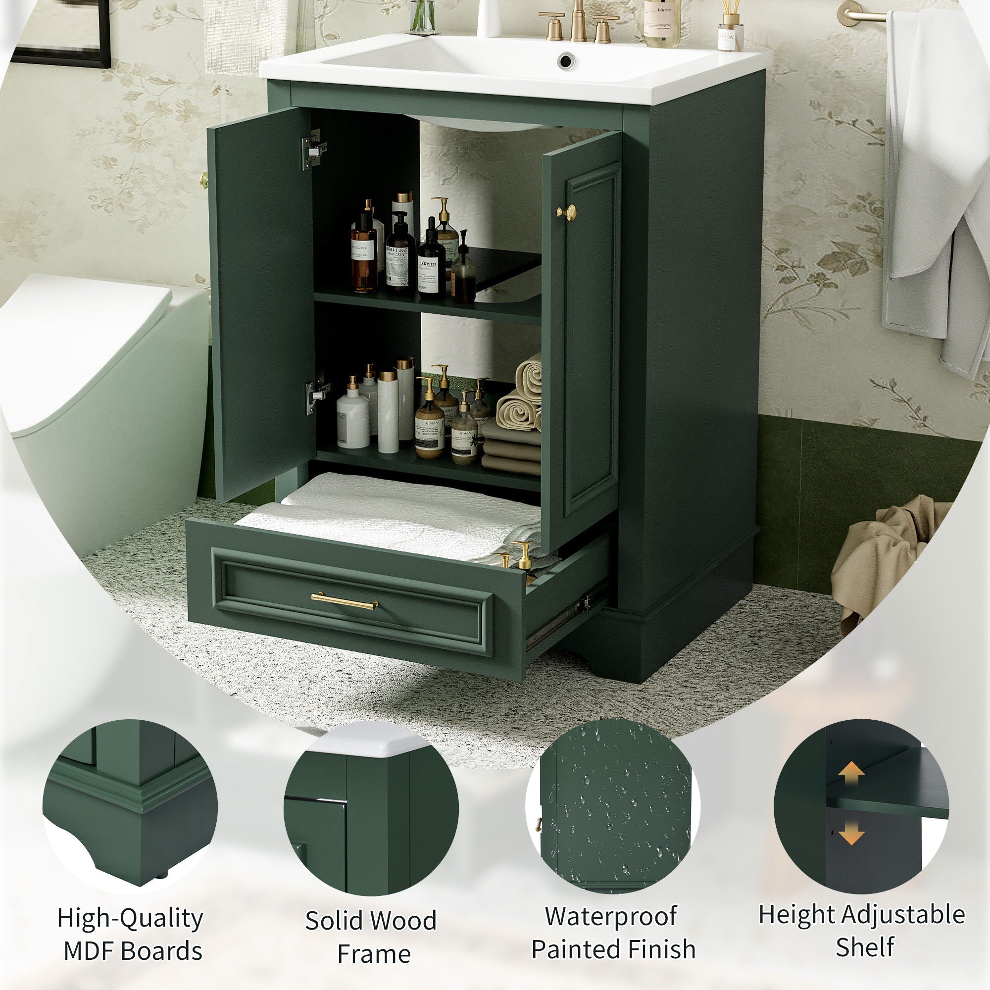 Bathroom Vanity With Ceramic Sink Combo, Modern Freestanding Storage Cabinet With Silver Handles