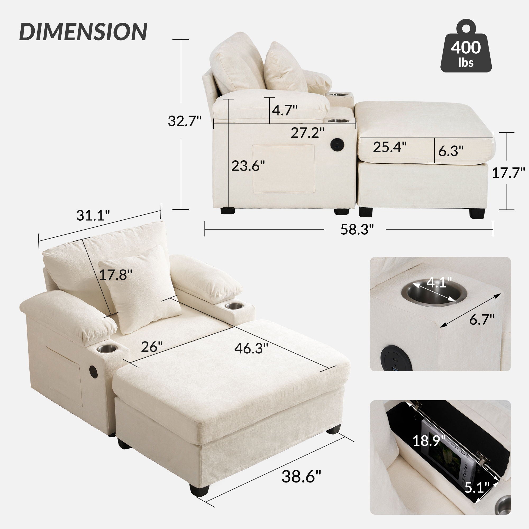 Fabric Sofa Bed With Cupholders And USB Charging Ports Chair For Living Room