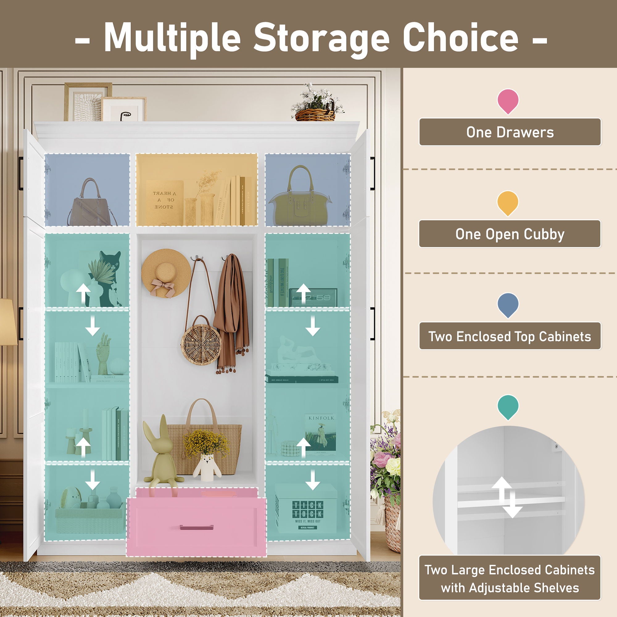 Hall Tree With Bench And 3 Hooks, Modern Entryway Storage Organizer Cabinet With 4 Doors, 1 Drawer And Adjustable Shelves