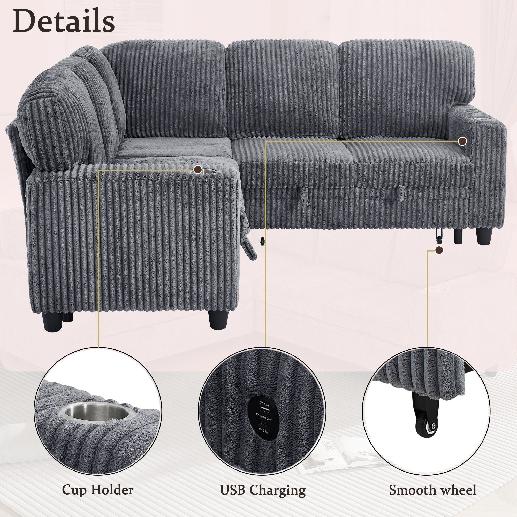 L-Shaped Sofa With Pull Out Sofa Bed With USB