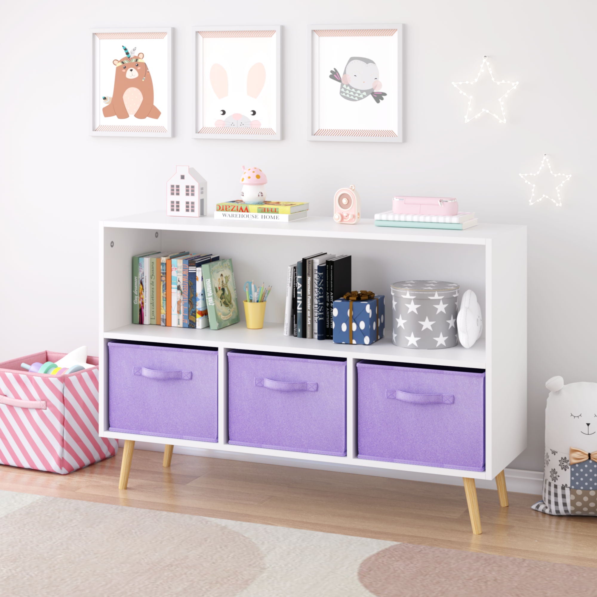 Bookcase With Collapsible Drawers, Book Display Organizer