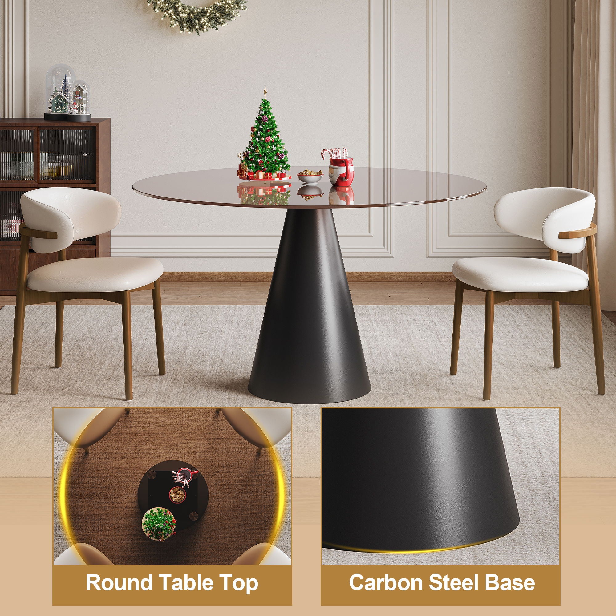 Round Dining Table & Glass Top - Black / Brown