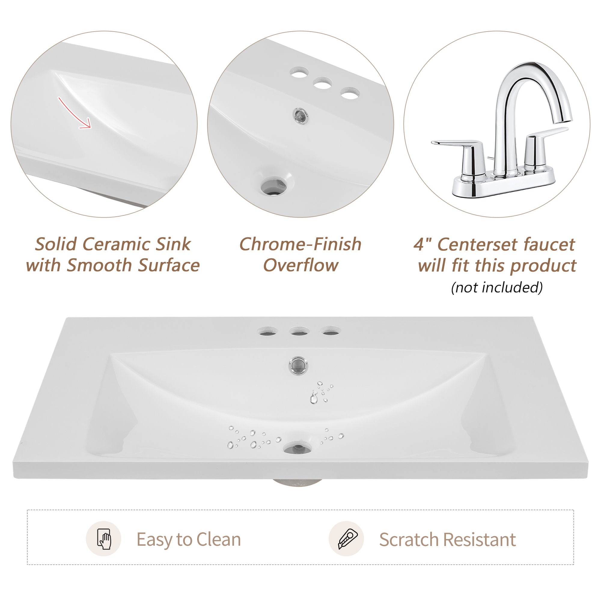 30" Single Bathroom Vanity Top With Undermount Basin, Rectangular Shape, 3 Faucet Holes - White