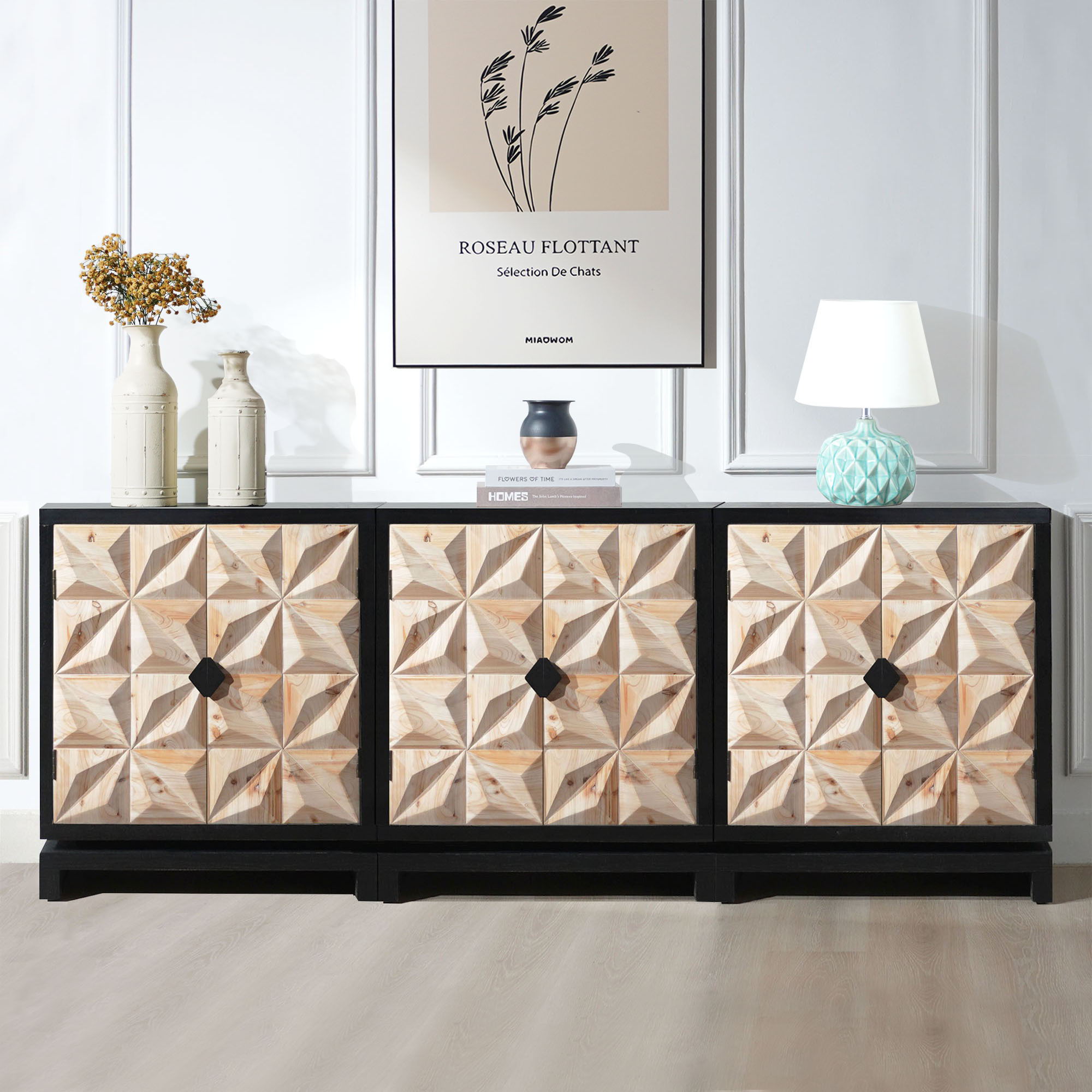 2 Door Accent Storage Cabinet With Diamond Handle - Black / Natural