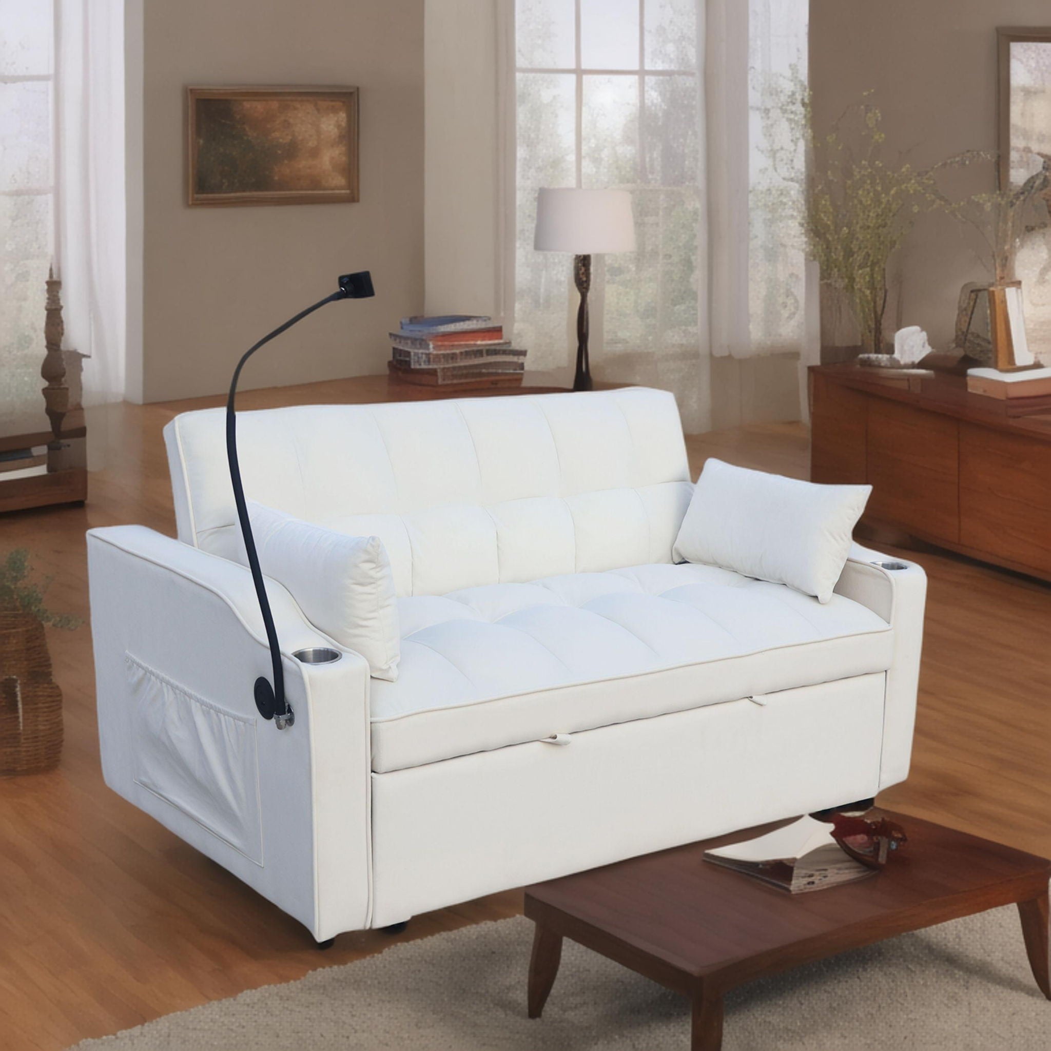 Modern Loveseat With Pullout Bed, Adjustable Reclining Backrest