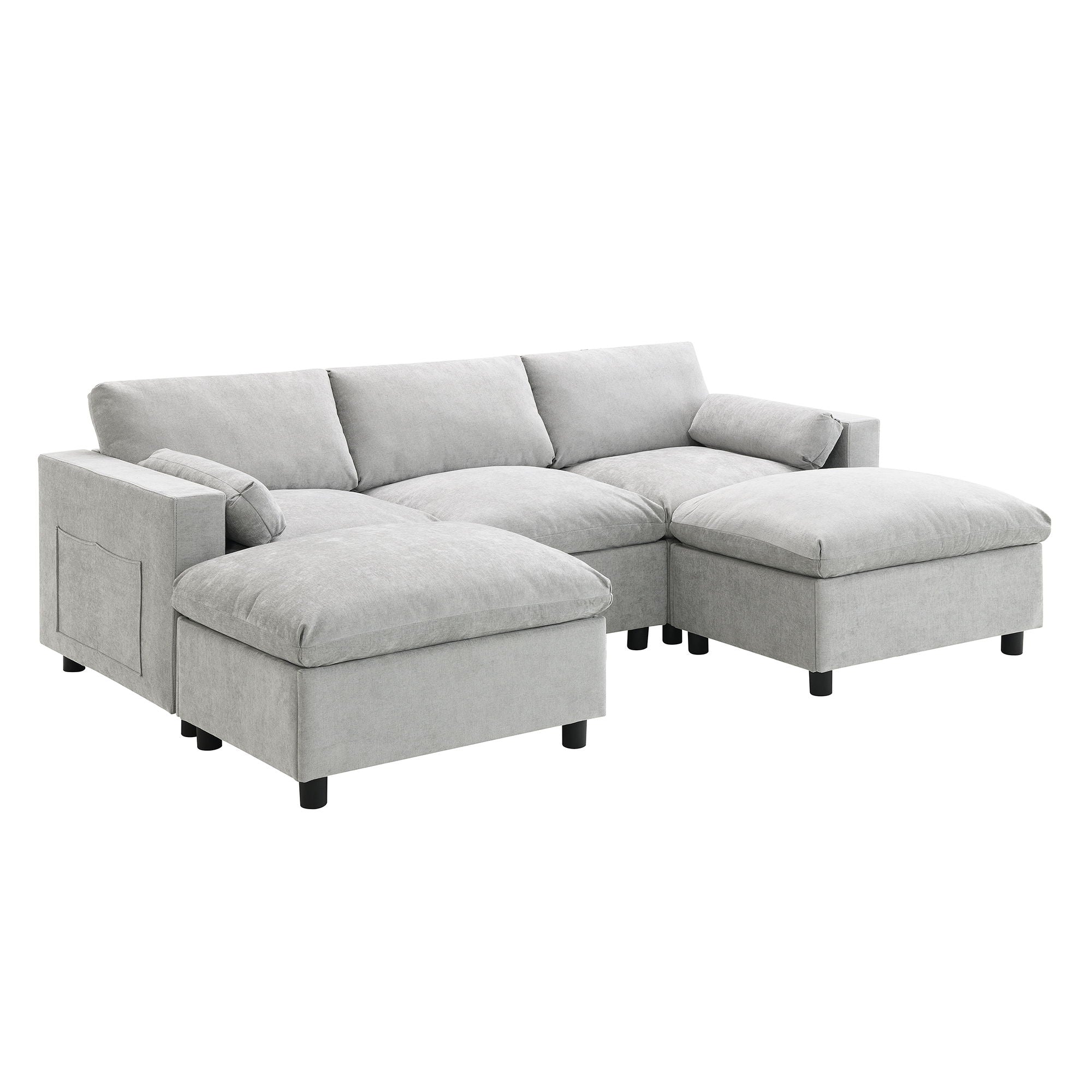 Modular Sectional With Storage Pockets, 5 Seat U Shaped Couch Set With Pillows, Free Combination Modern Cloud Sofa With 2 Movable Ottoman