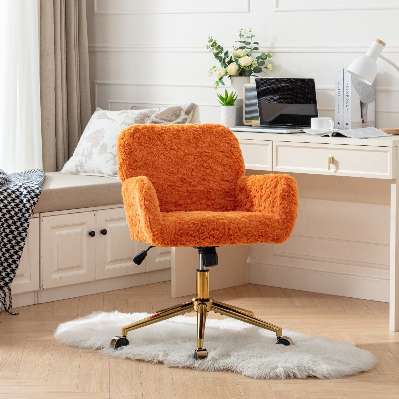 Office Chair, Artificial Rabbit Hair Home Office Chair With Metal Base, Adjustable Desk Chair Swivel Office Chair, Vanity Chair