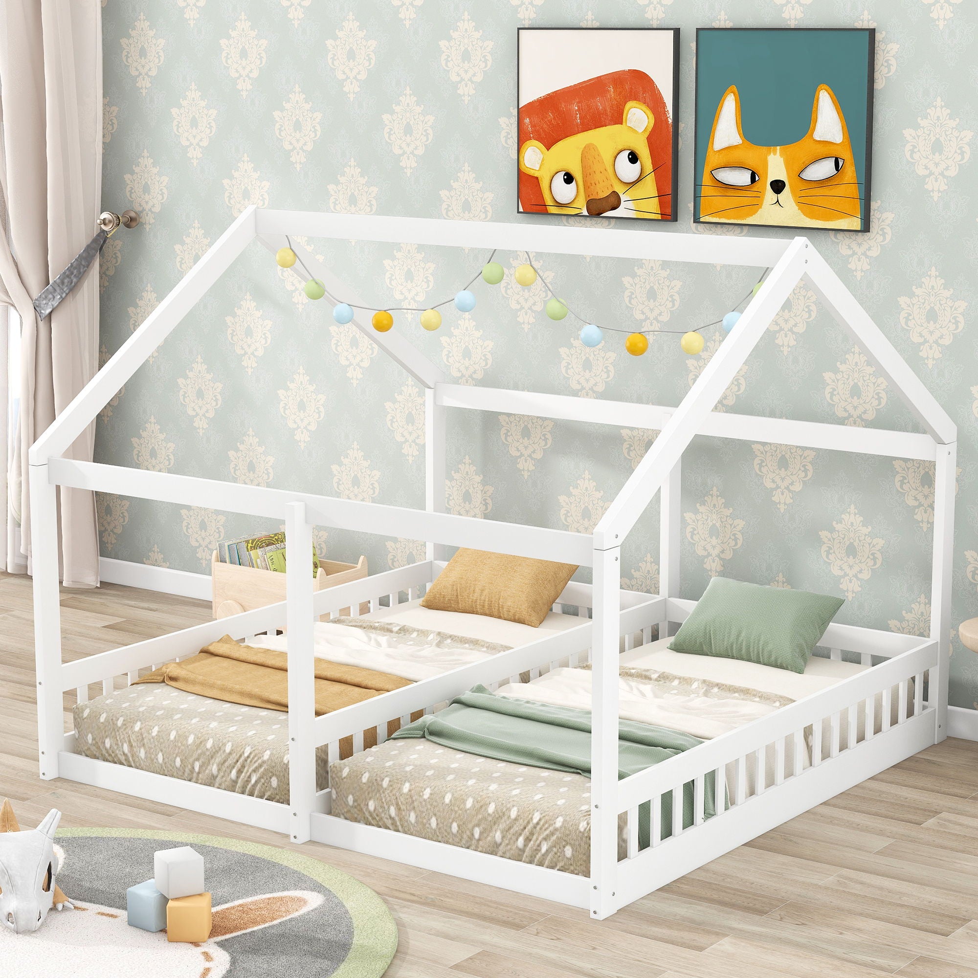 House Platform Beds, 2 Shared Beds, Metal Frame With Guardrails