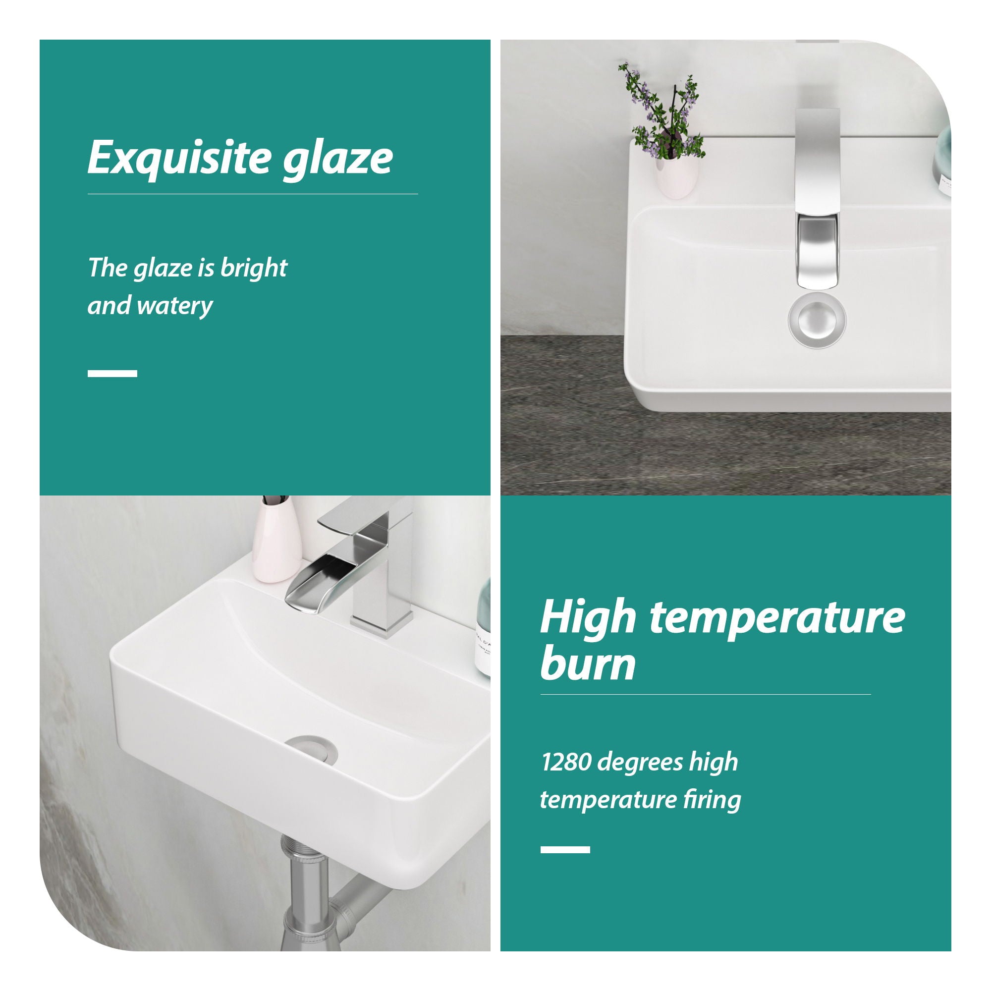 Ceramic Rectangle Wall Mount Bathroom Sink With Single Faucet Hole