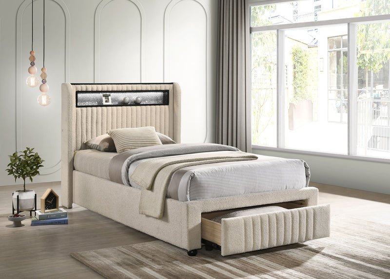 Madison Upholstered LED  Storage Platform Bed Cream