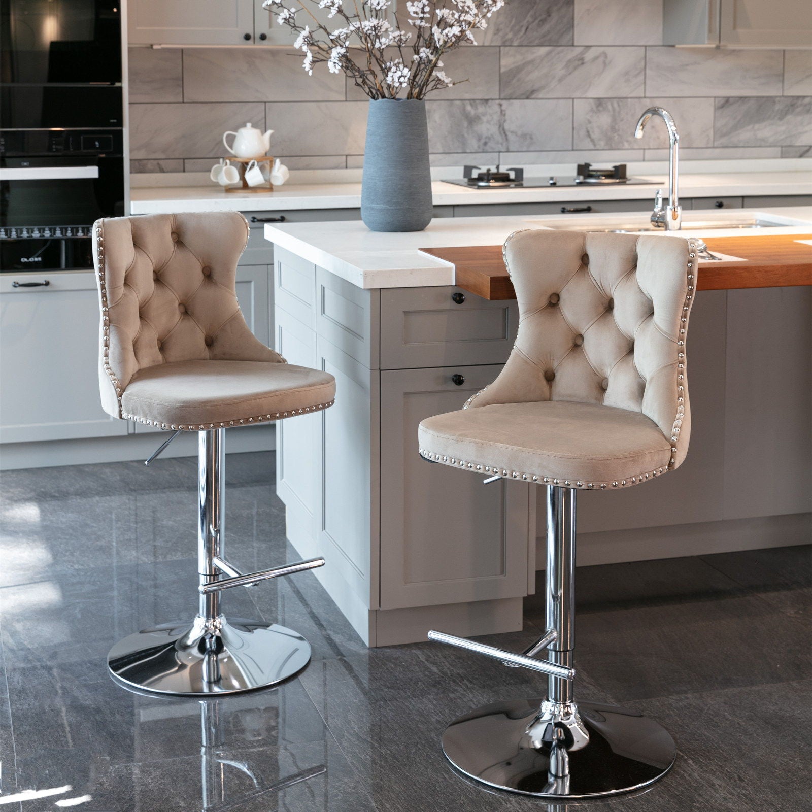 Swivel Barstools Adjusatble Seat Height From 25-33", Modern Upholstered Base Bar Stools With Backs Comfortable Tufted For Home Pub And Kitchen Island (Set of 2)