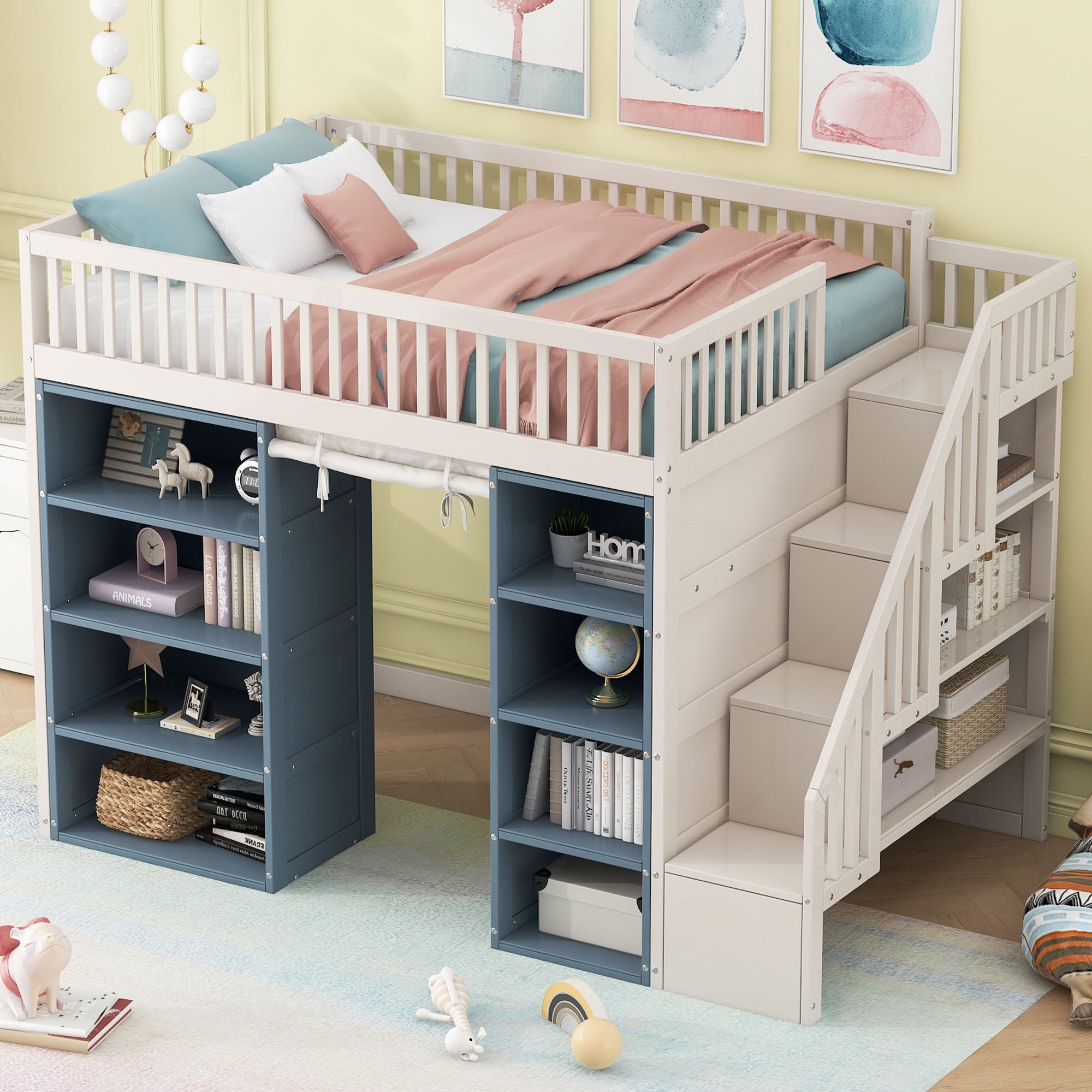 Full Size Loft Bed With 2 Four Layer Storage Cabinets And Curtain With Built In Staircase And Privacy Curtain - White