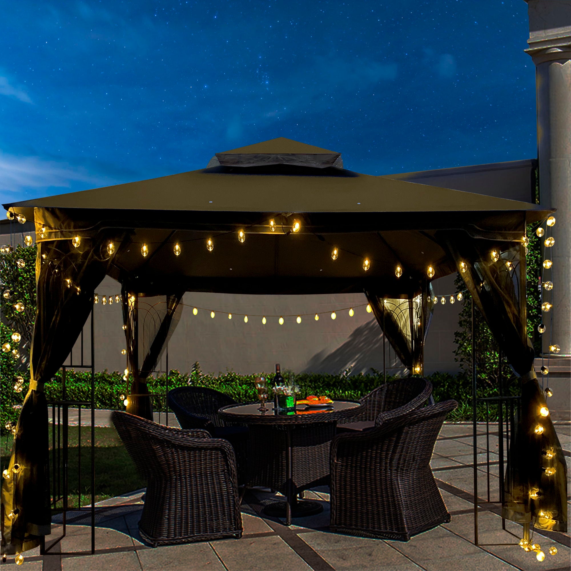 Patio Gazebo Tent With Ventilated Double Roof And Mosquito Net