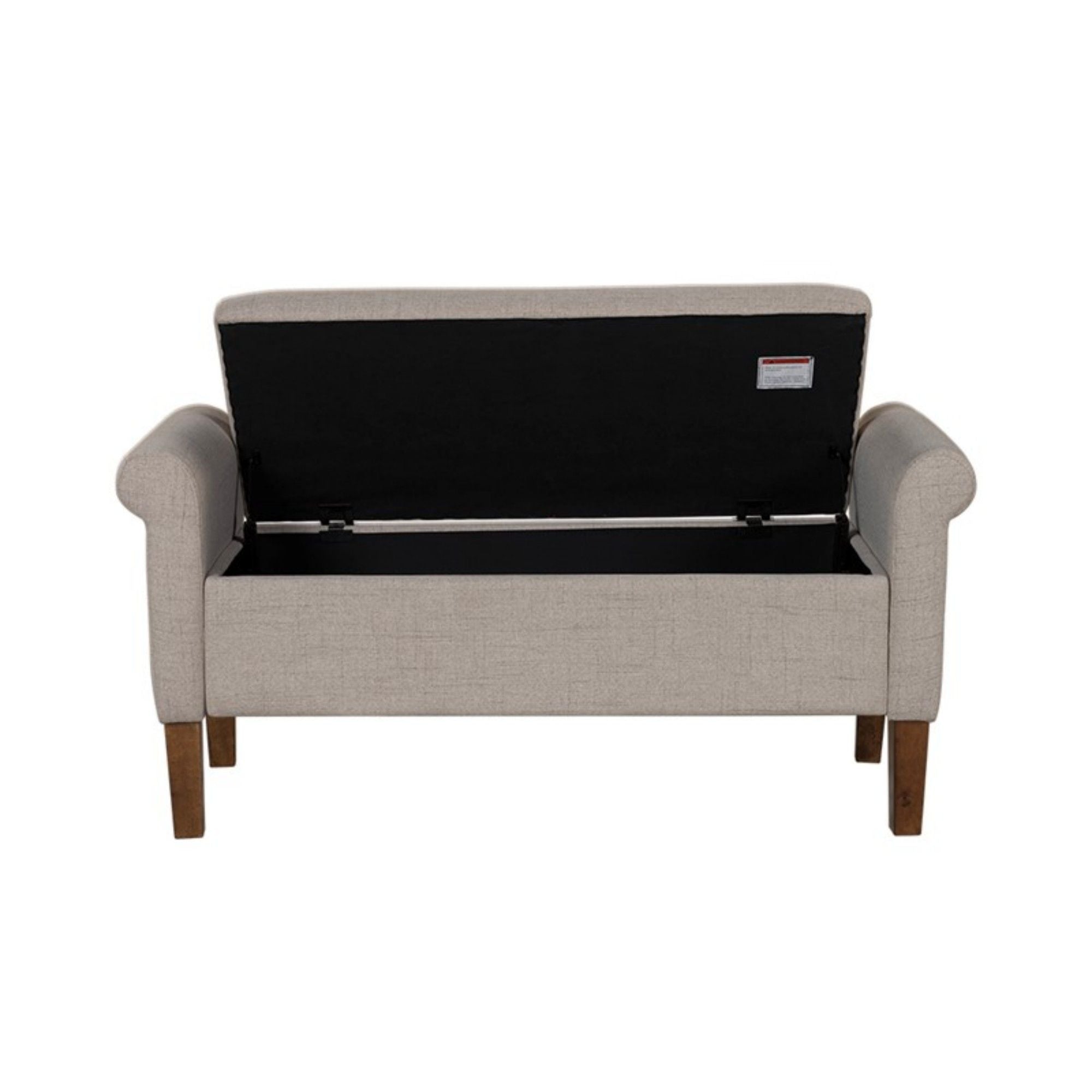 Upholstered Storage Bench With Rolled Armrests - Beige