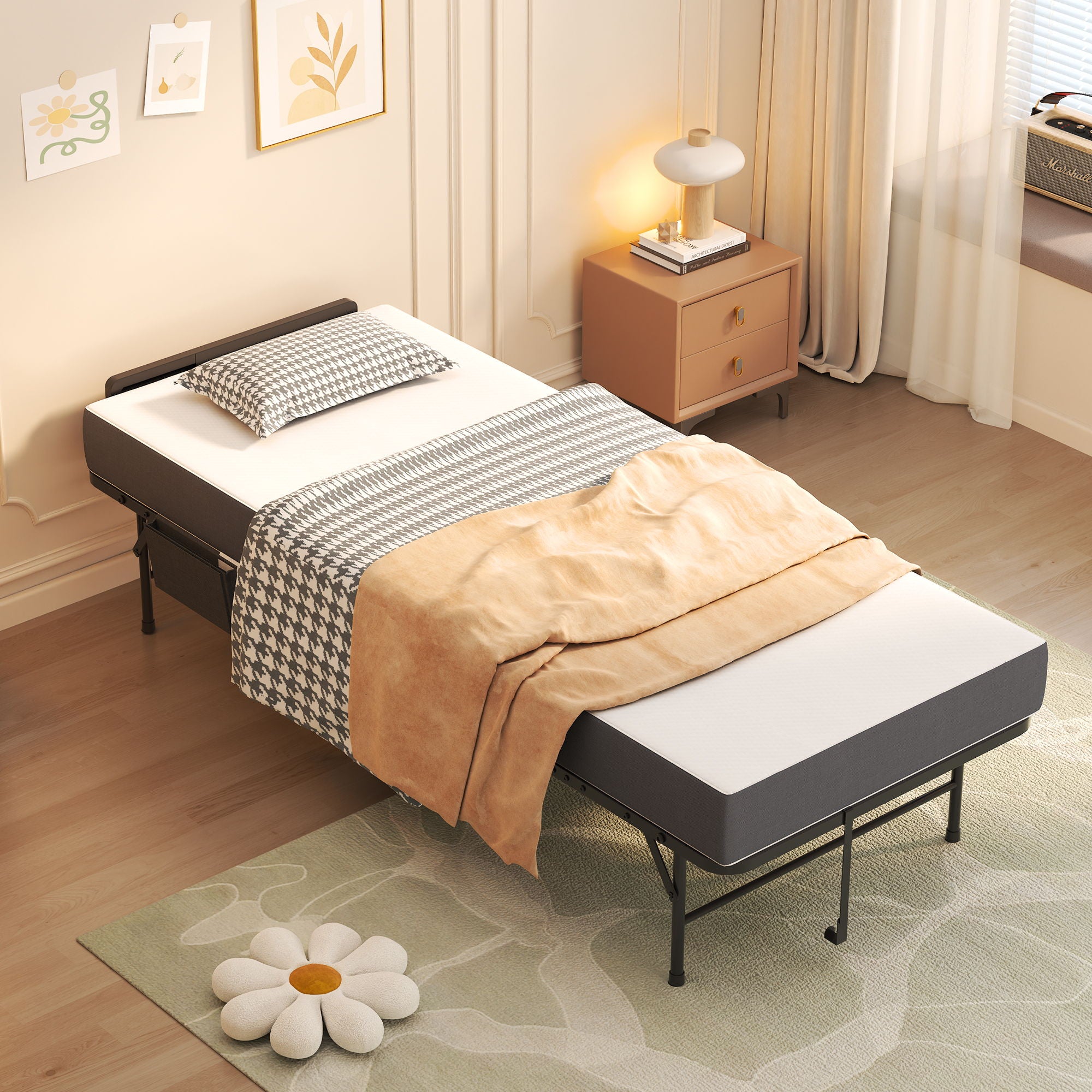 Twin Folding Bed With Adjustable Headboard & Memory Foam, Space Saving Rollaway Guest For Tall People, Portable On Wheels, Easy Assembly - Black