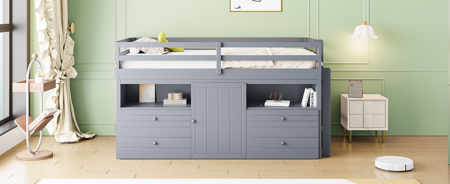 Loft Bed With 4 Drawers, Underneath Cabinet And Shelves