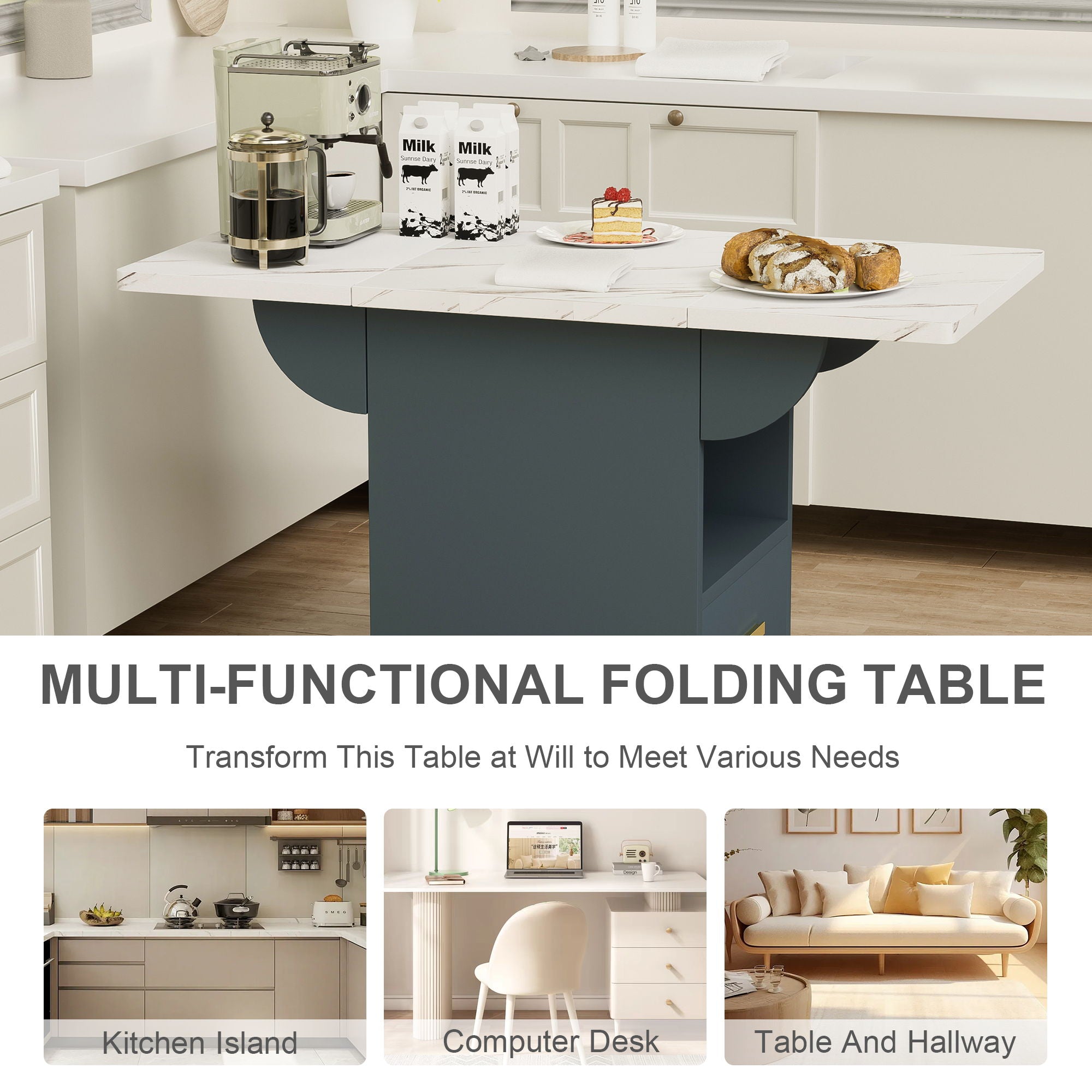 Versatile Wood Folding Dining Table With Wheels, Storage Rack & Drawer, Space Saving Design - White