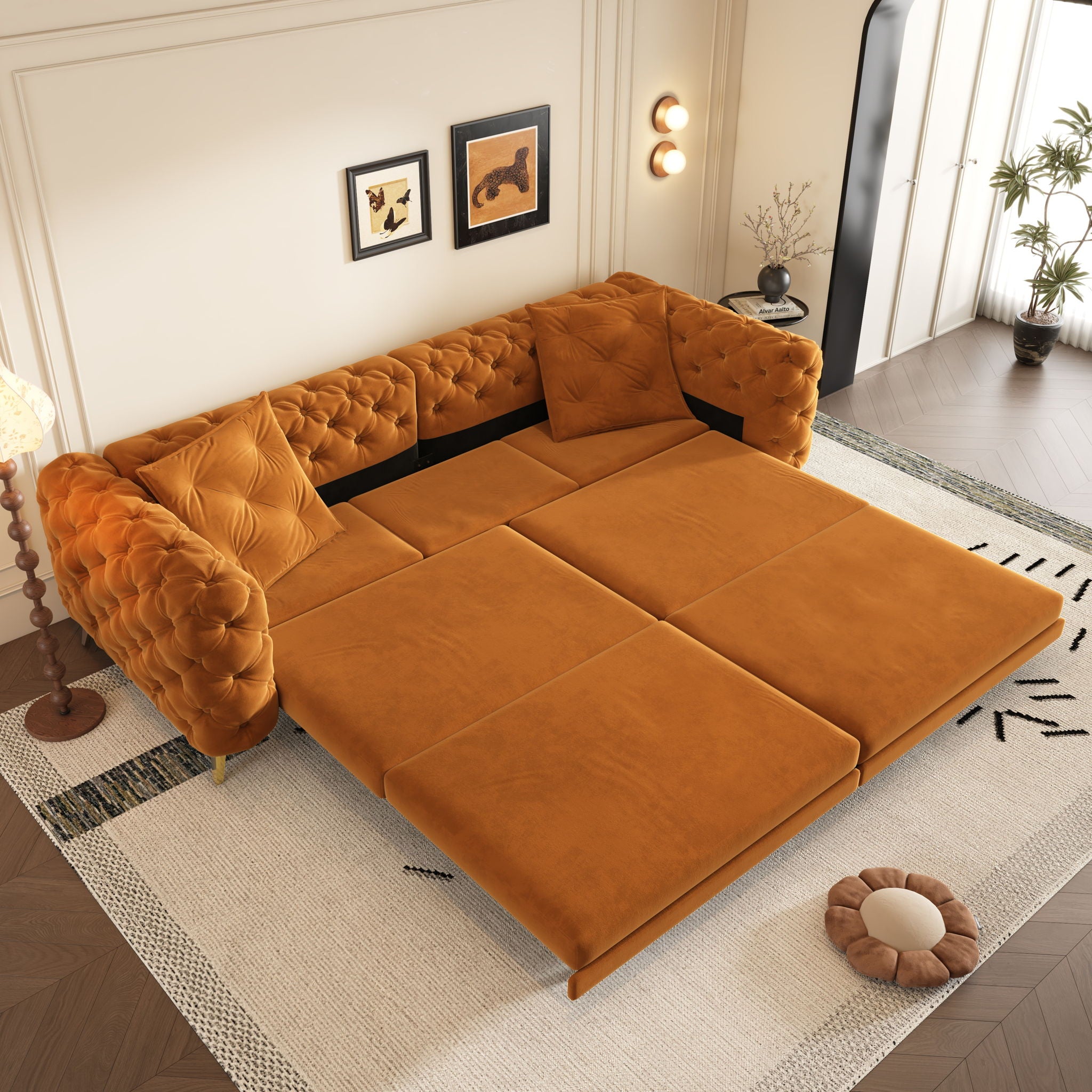3 In 1 Convertible Sleeper, Deep Seat Pull Out Sofa Bed, Button Tufted