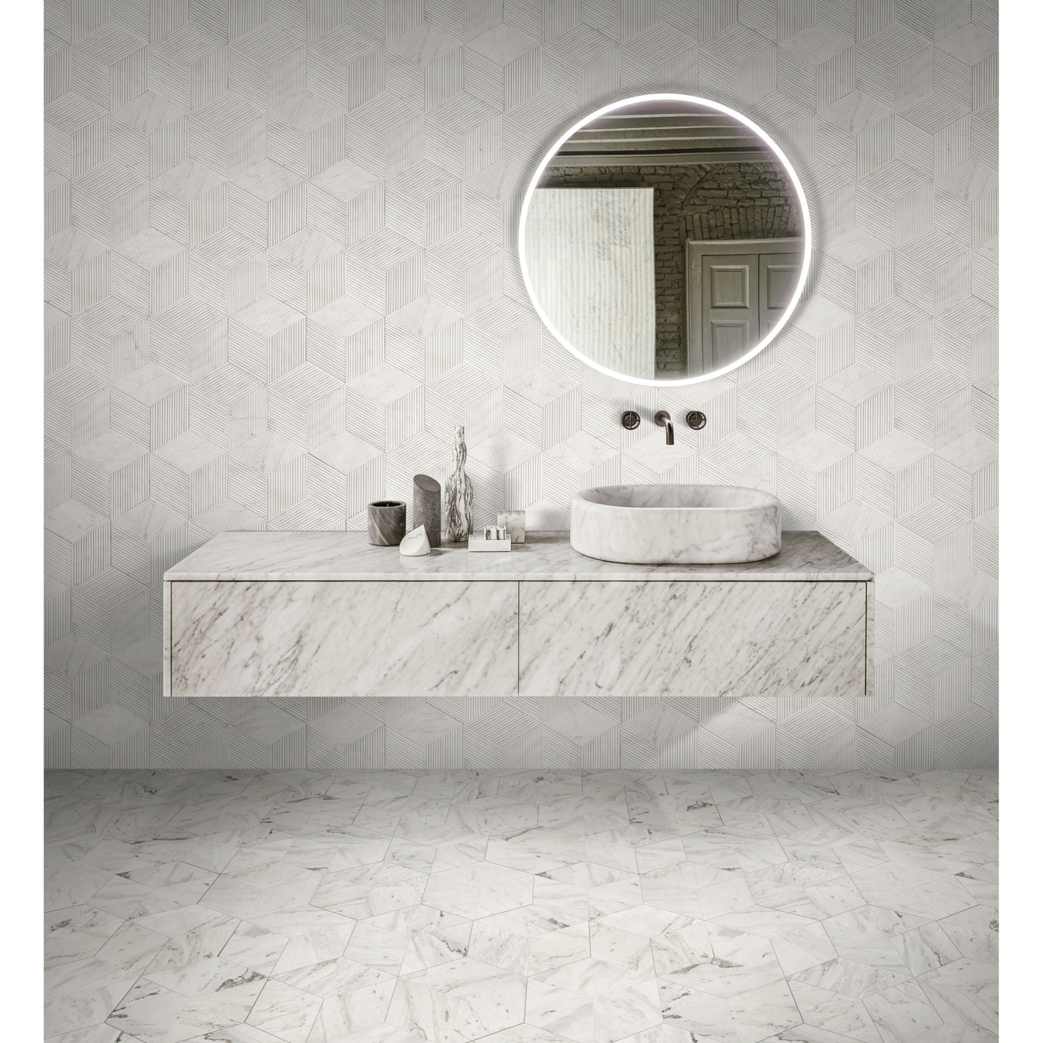 Hexagon Natural Stone Marble Tile, 3D Fluted (Set of 12)