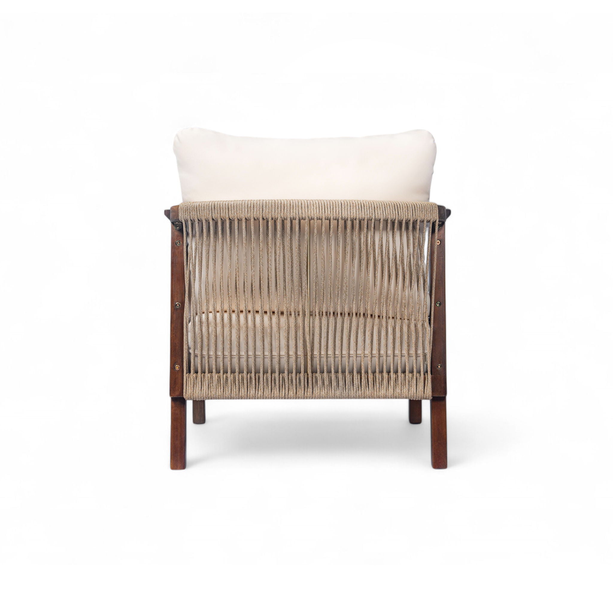 Outdoor Lounge Chair With Woven Backrest, Solid Wood Frame, Comfortable Cushions