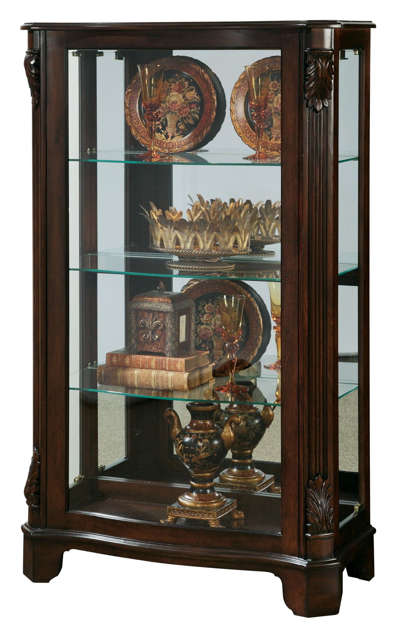 PFC Curios - Distinguished Carved 3 Shelf Curio Cabinet - Cherry Brown