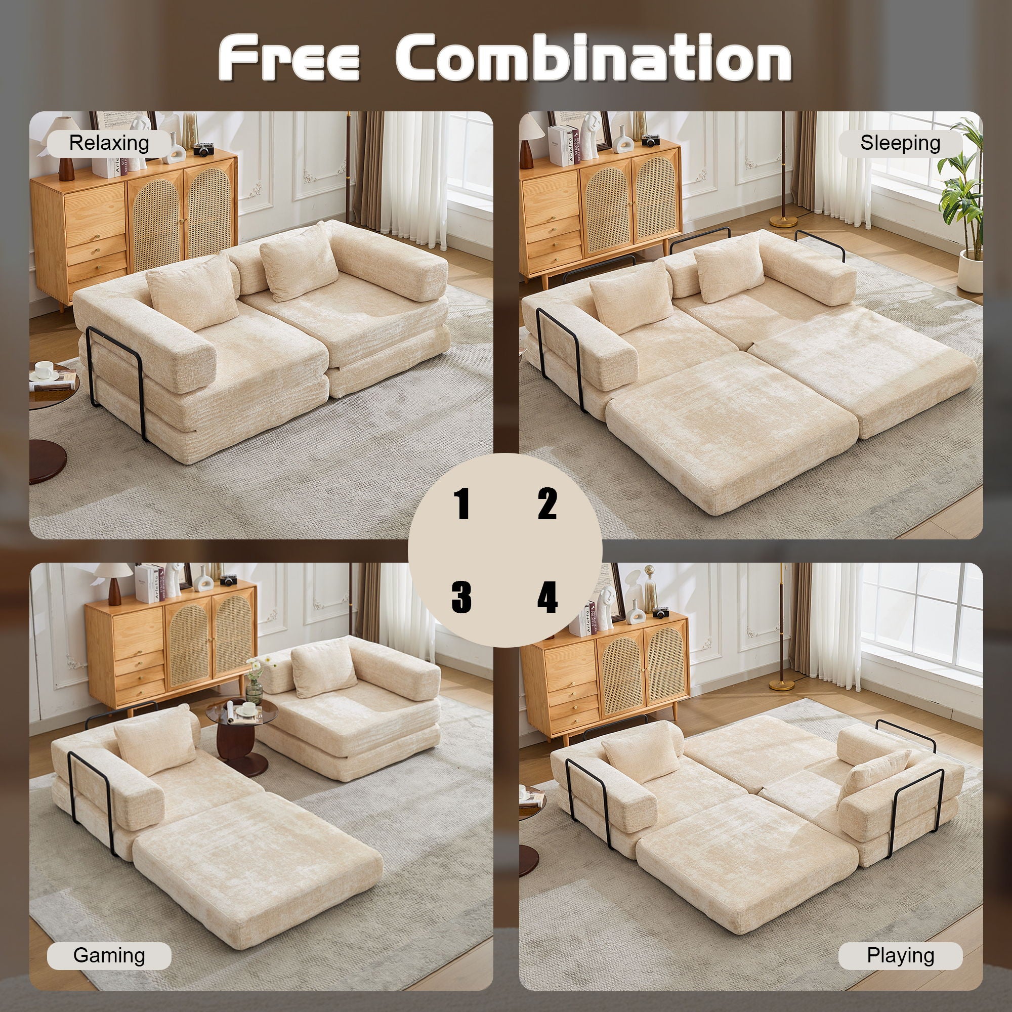 Convertible Floor Sofa Bed With Pillow Back Support Armrest