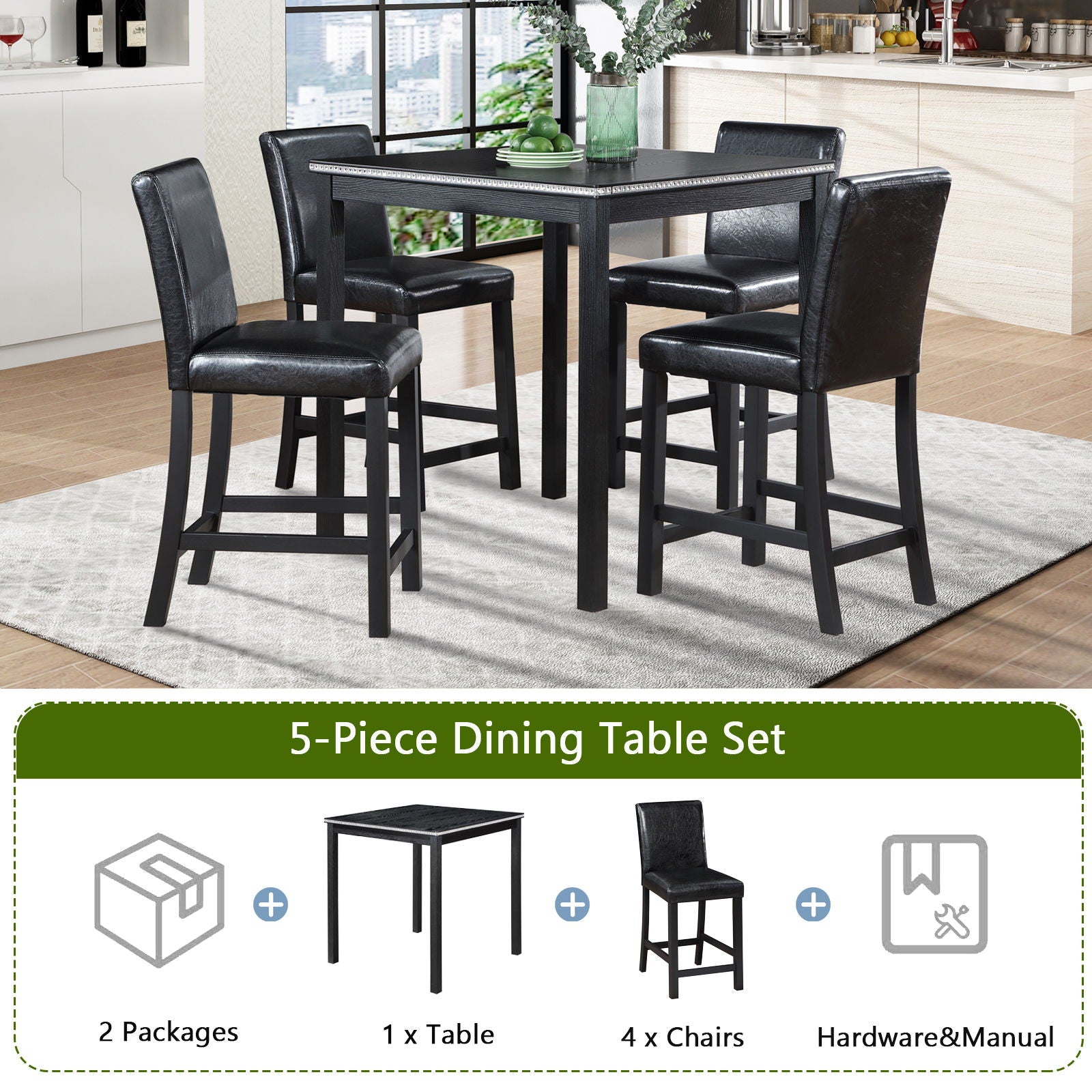5 Pieces Counter Height Table Set, Kitchen Table With Square Table And 4 Upholstered Chairs