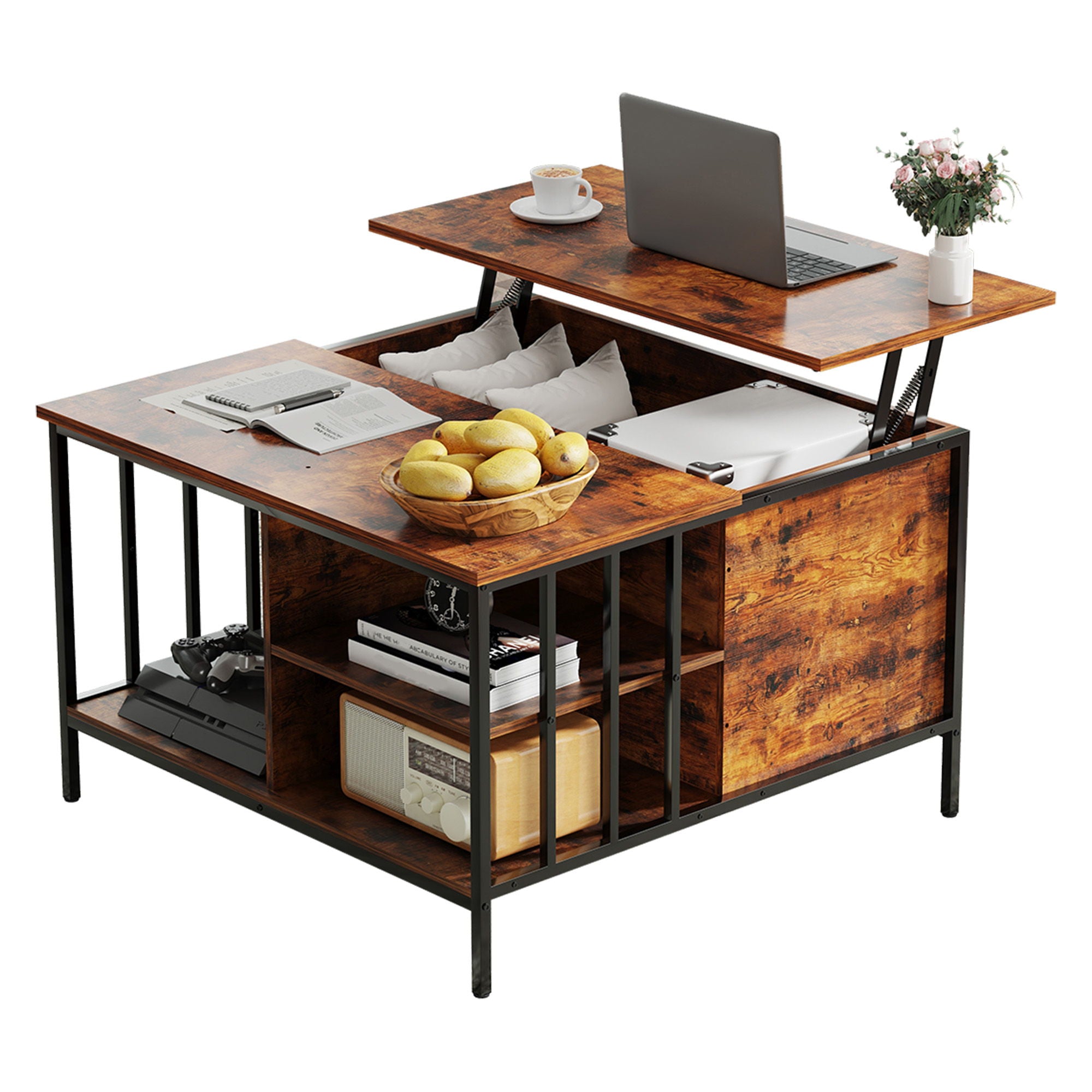 Lift Top Coffee Table With Storage, Adjustable Height Living Room - Black / Brown