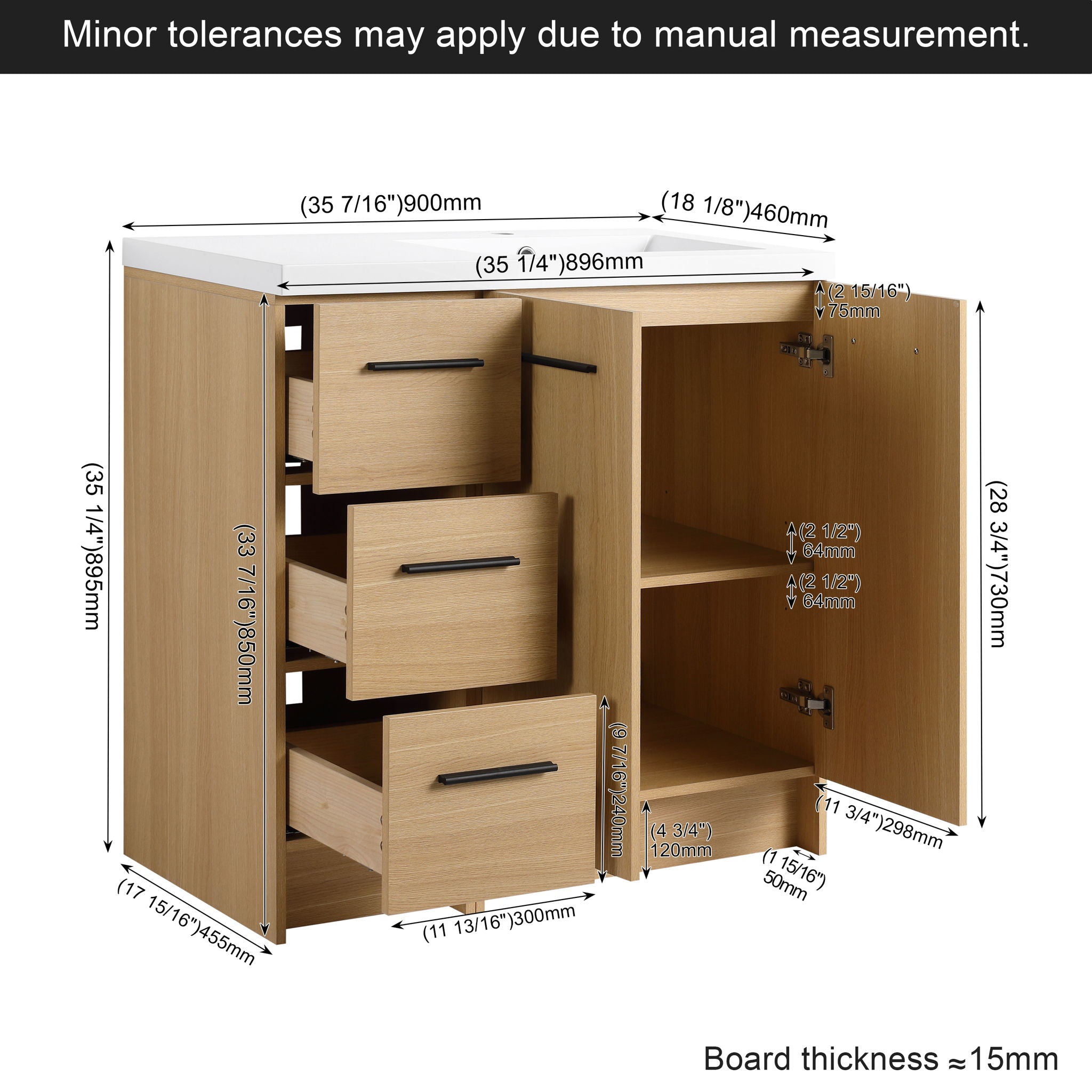 Freestanding Bathroom Vanity Set With Tall Linen Cabinet, 3 Drawers And Large Storage, Single Sink