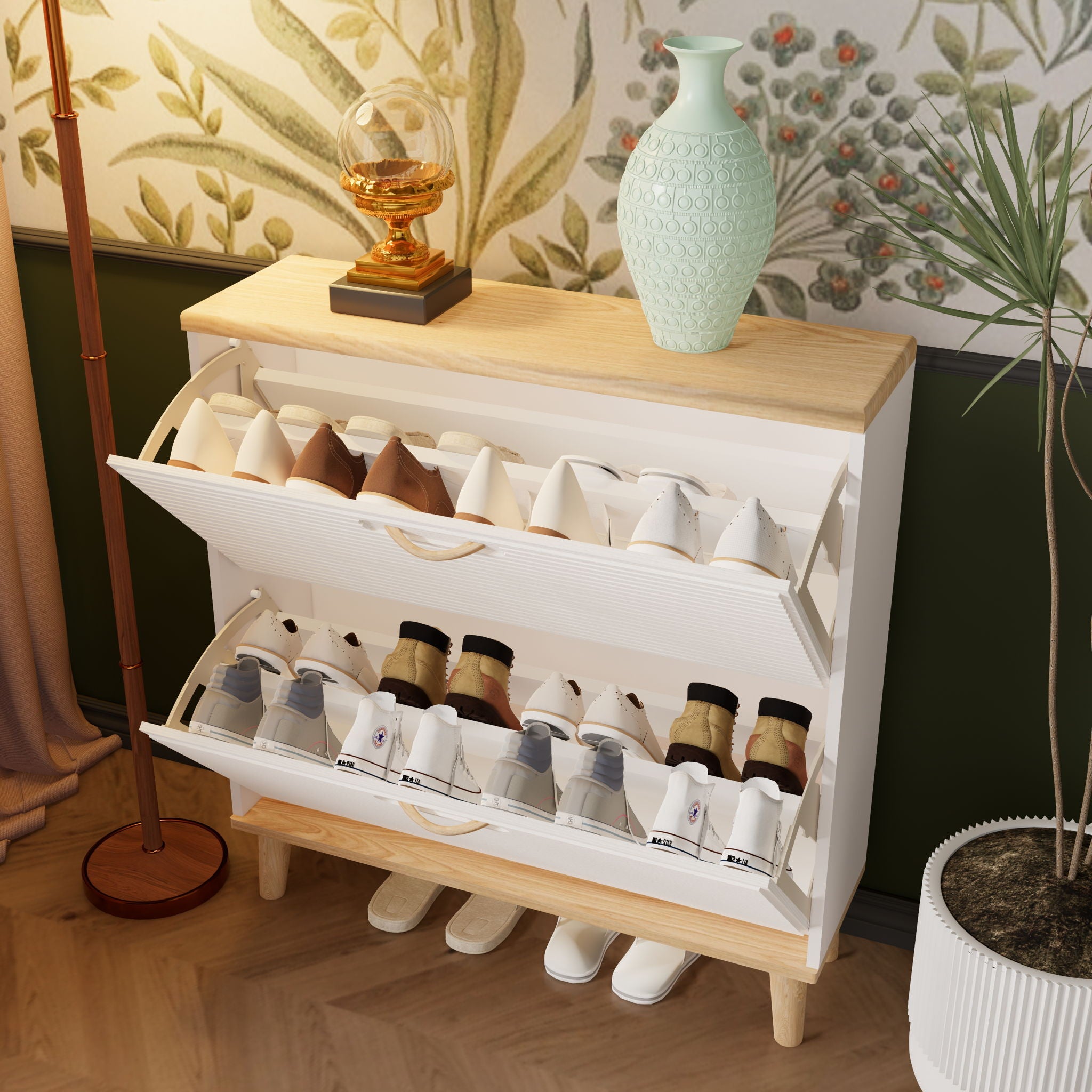 Narrow - Entryway Shoe Storage Cabinet With 2 Flip Drawers Legs - Natural / White