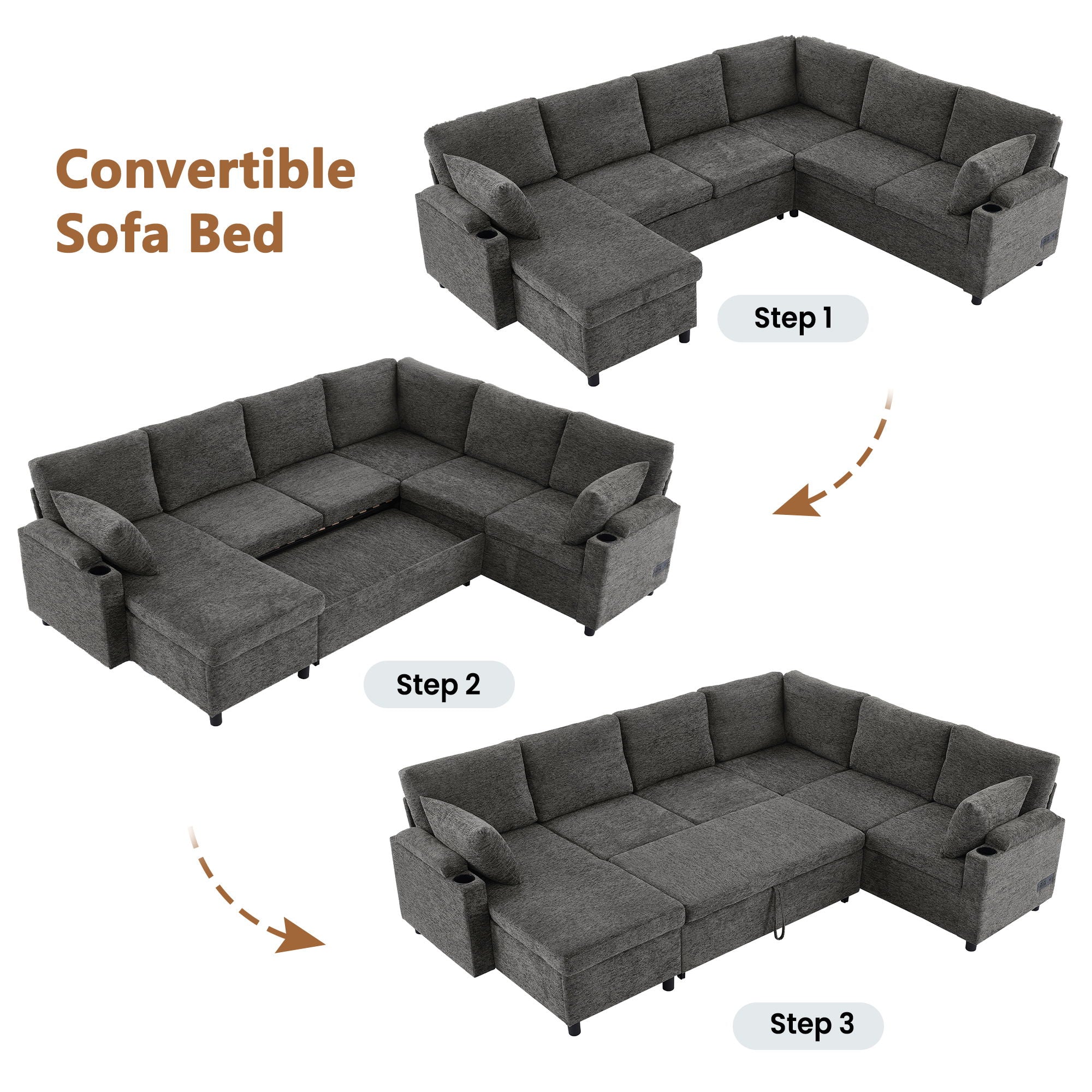 U-Shaped Sectional Sleeper Sofa With Ample Storage Space, 2 Cup Holders And Charging Ports For Living Room