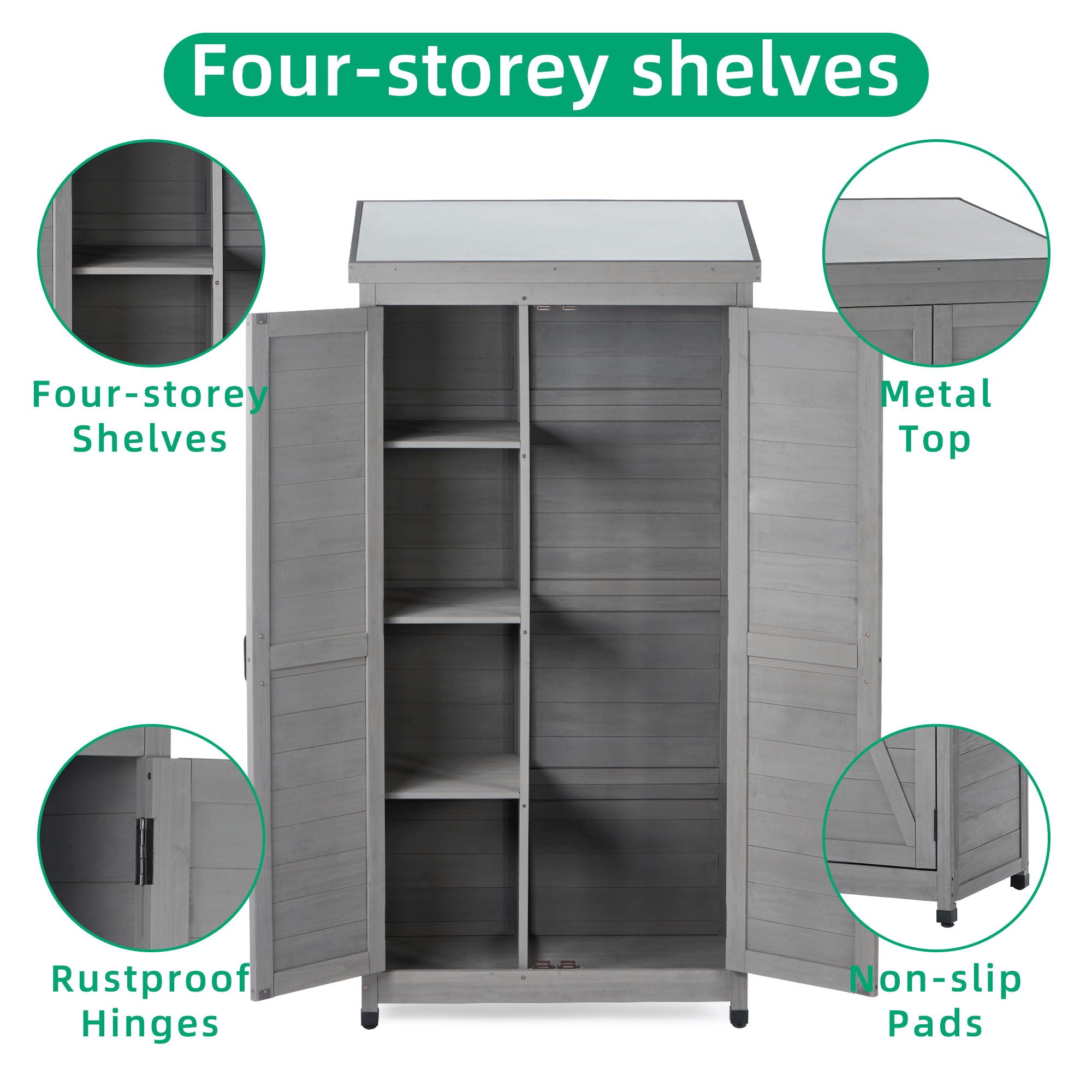 Wood Outdoor Storage Cabinet With Metal Top Garden Shed For Yard And Patio - Gray