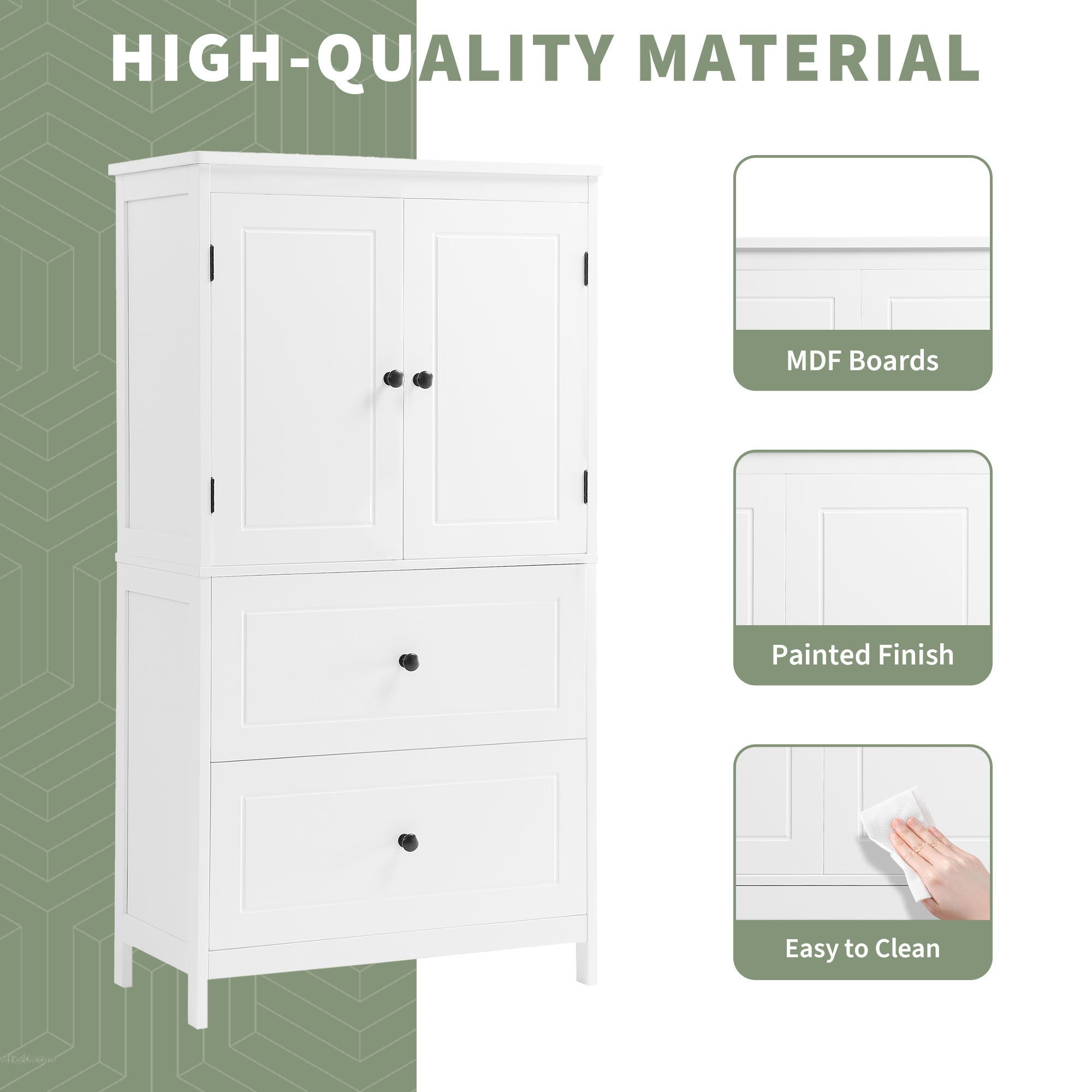 Bathroom Storage Cabinet With 2 Doors And Drawers, Adjustable Shelf