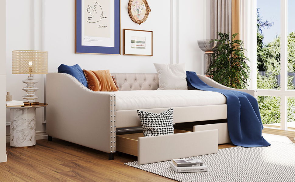 Upholstered Daybed With Two Drawers, Wood Slat Support