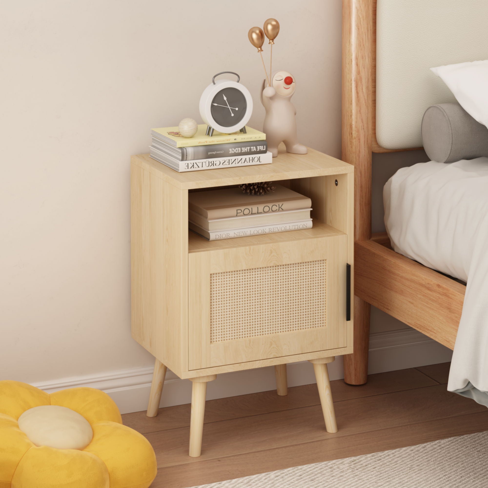 Nightstand, Side Table With Door And Open Shelf For Bedroom - Oak
