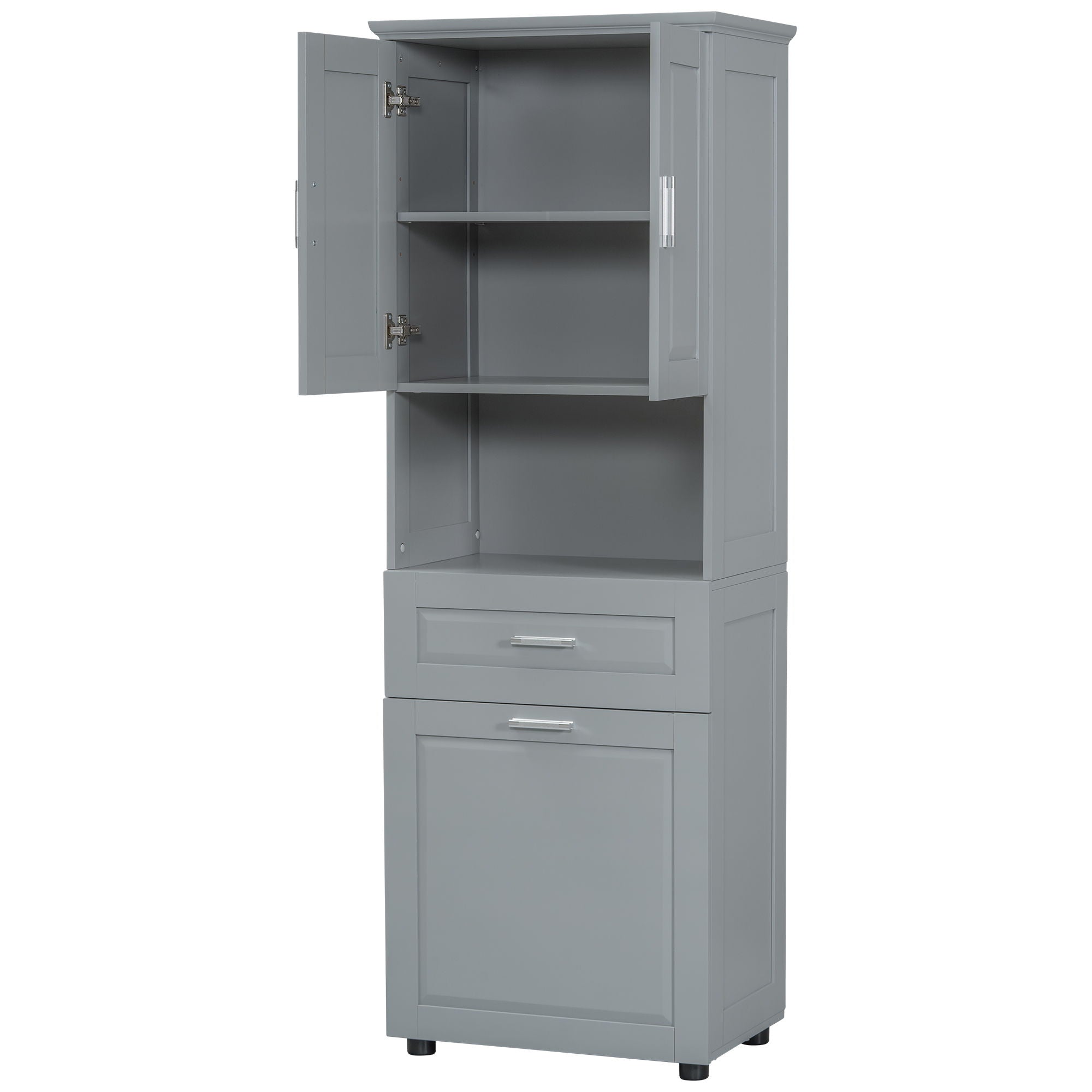 Tall Bathroom Cabinet With Tilt-Out Laundry Basket And Upper Storage