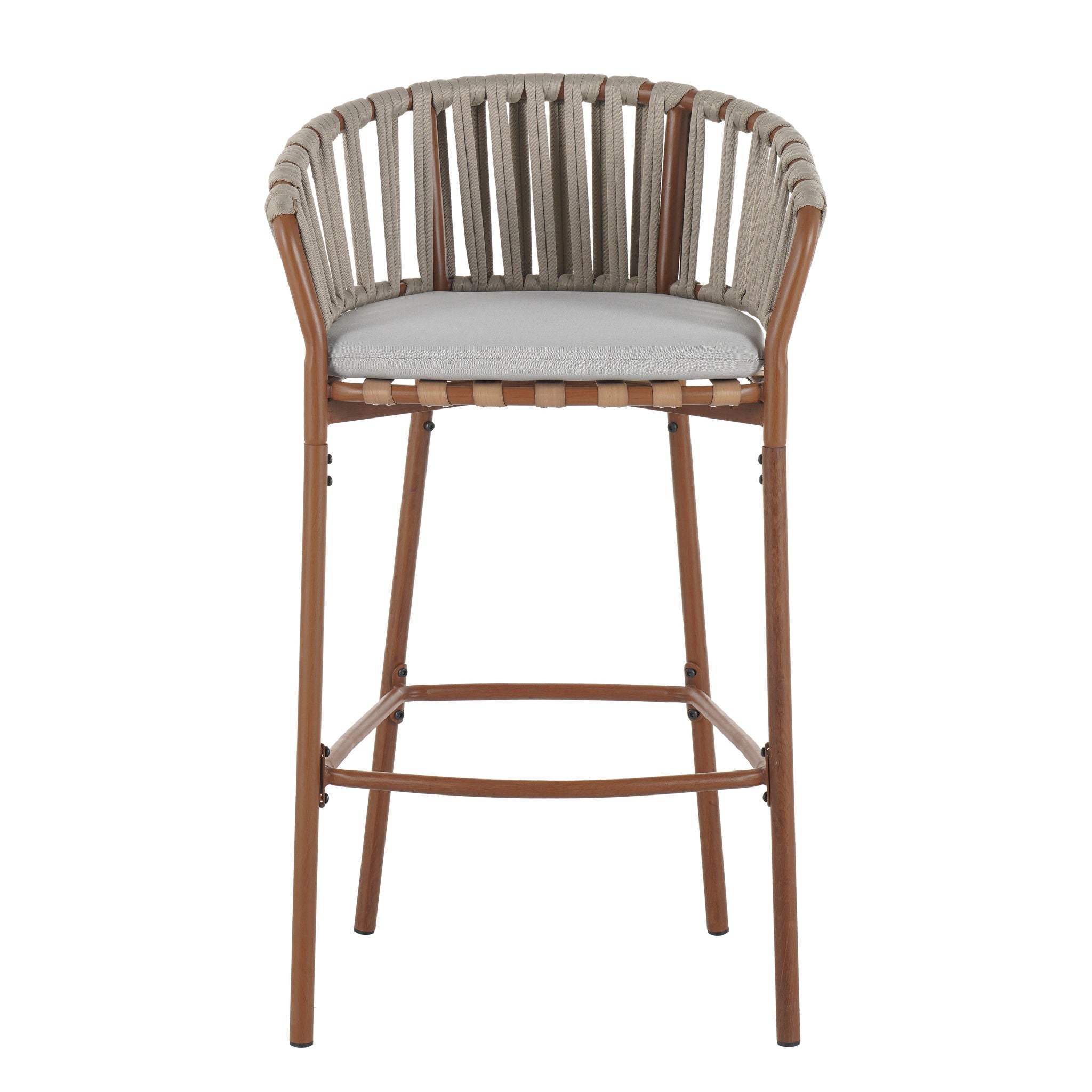Lodi - Outdoor Matal Rope Barstool, Teak / Beige (Set of 2) - Teak / Beige