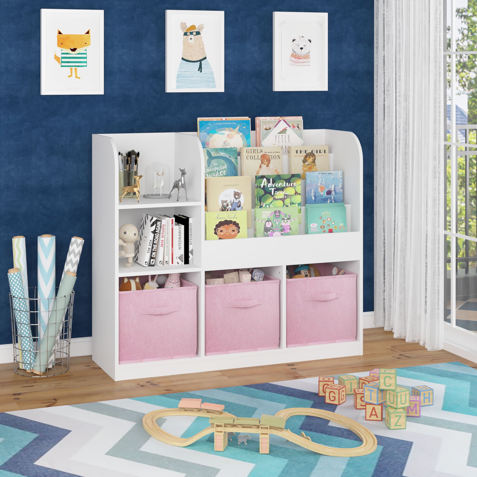 Bookcase And Bookshelf With 3 Collapsible Drawers, Multifunctional Display Stand